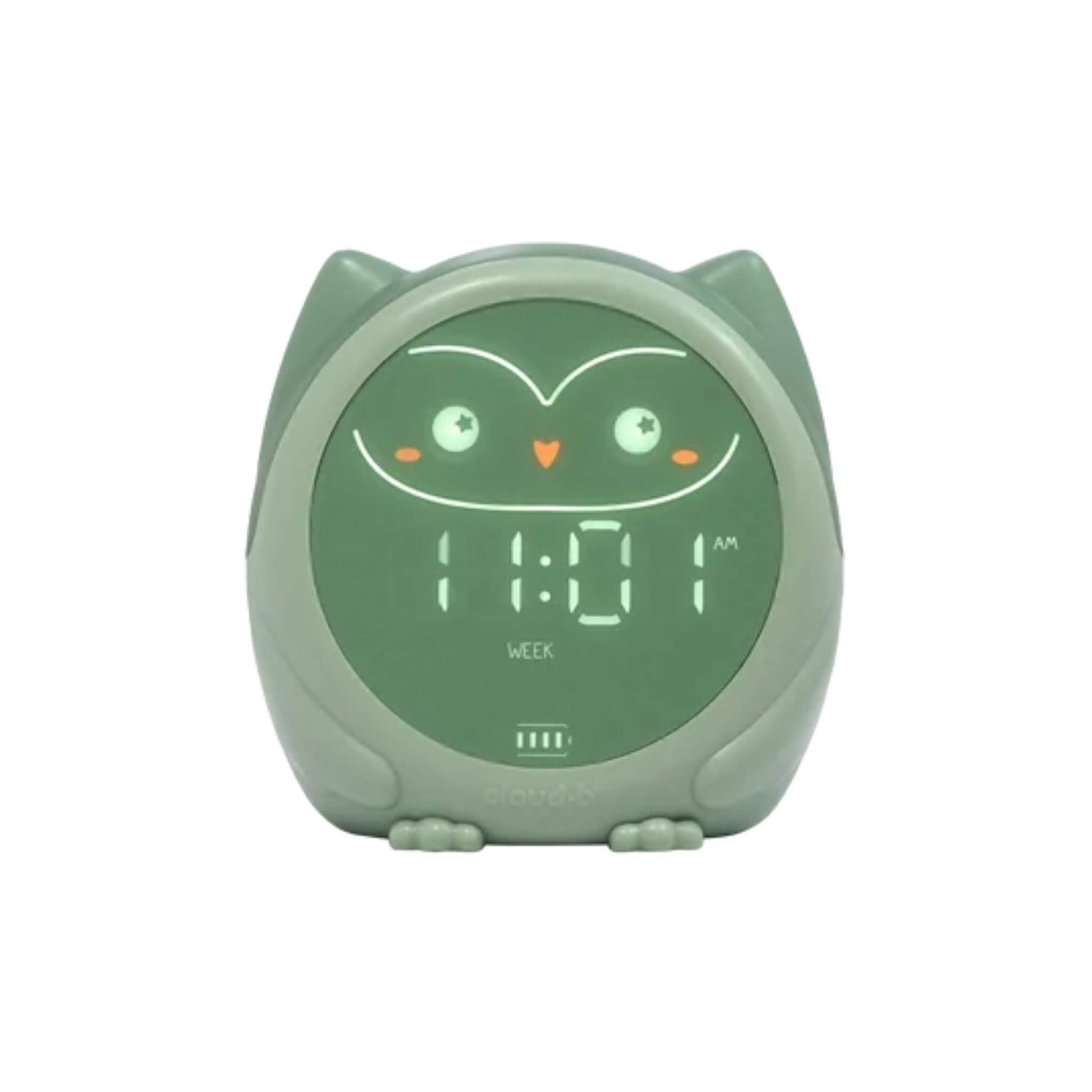 Cloud b Owlie Magical Sleep Trainer in green with a digital clock display and illuminated owl face.