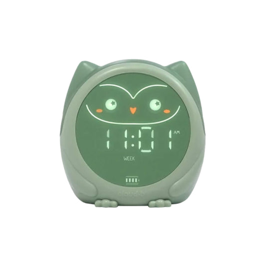 Cloud b Owlie Magical Sleep Trainer in green with a digital clock display and illuminated owl face.