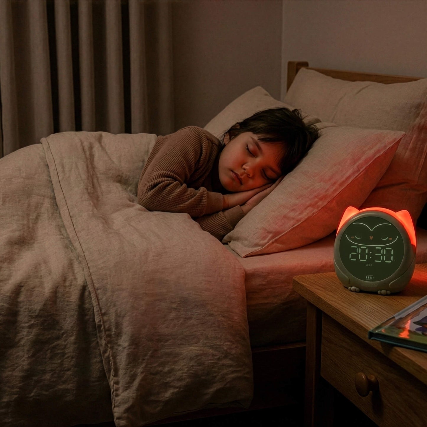 A child sleeping in bed with the glowing owl sleep trainer clock on the bedside table.