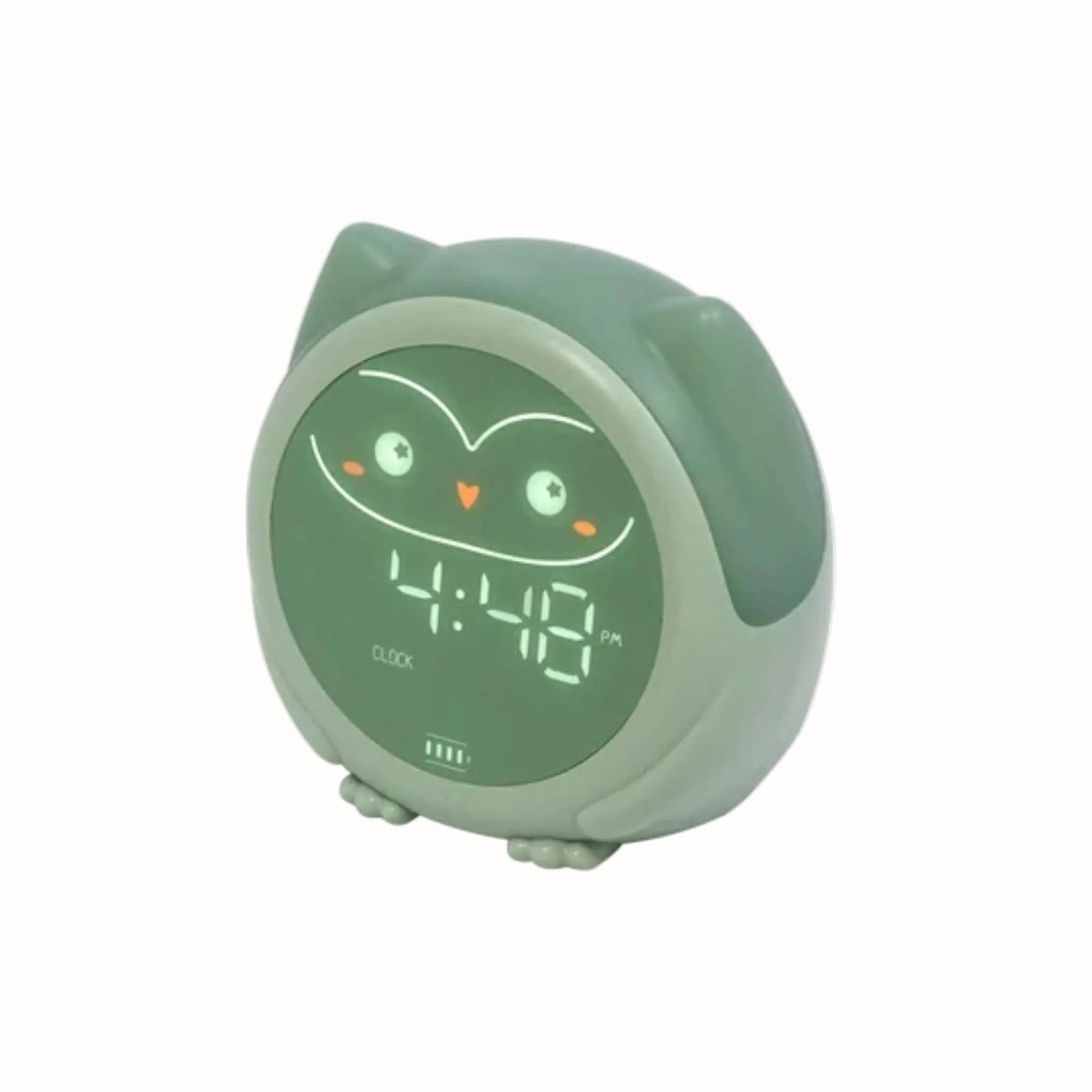 A green owl-shaped sleep trainer clock shown at an angle with its digital display illuminated.