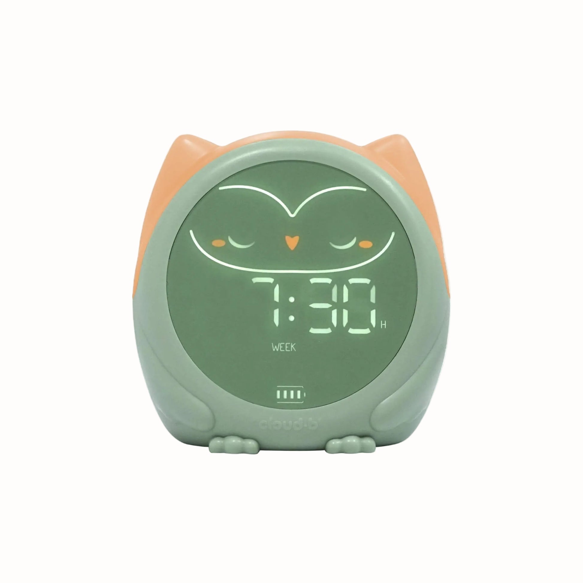 A green owl sleep trainer with its ears glowing amber.