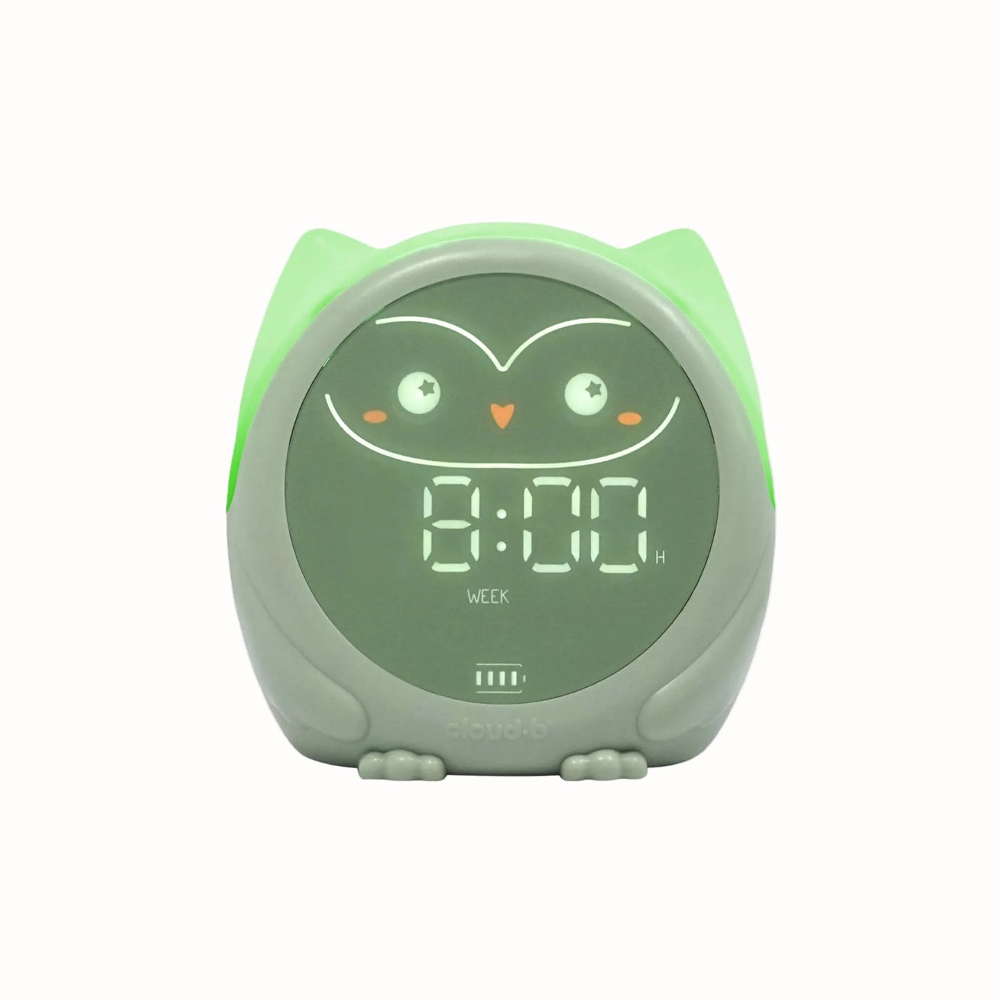A green owl sleep trainer with its ears glowing green to show that it is time to get up.