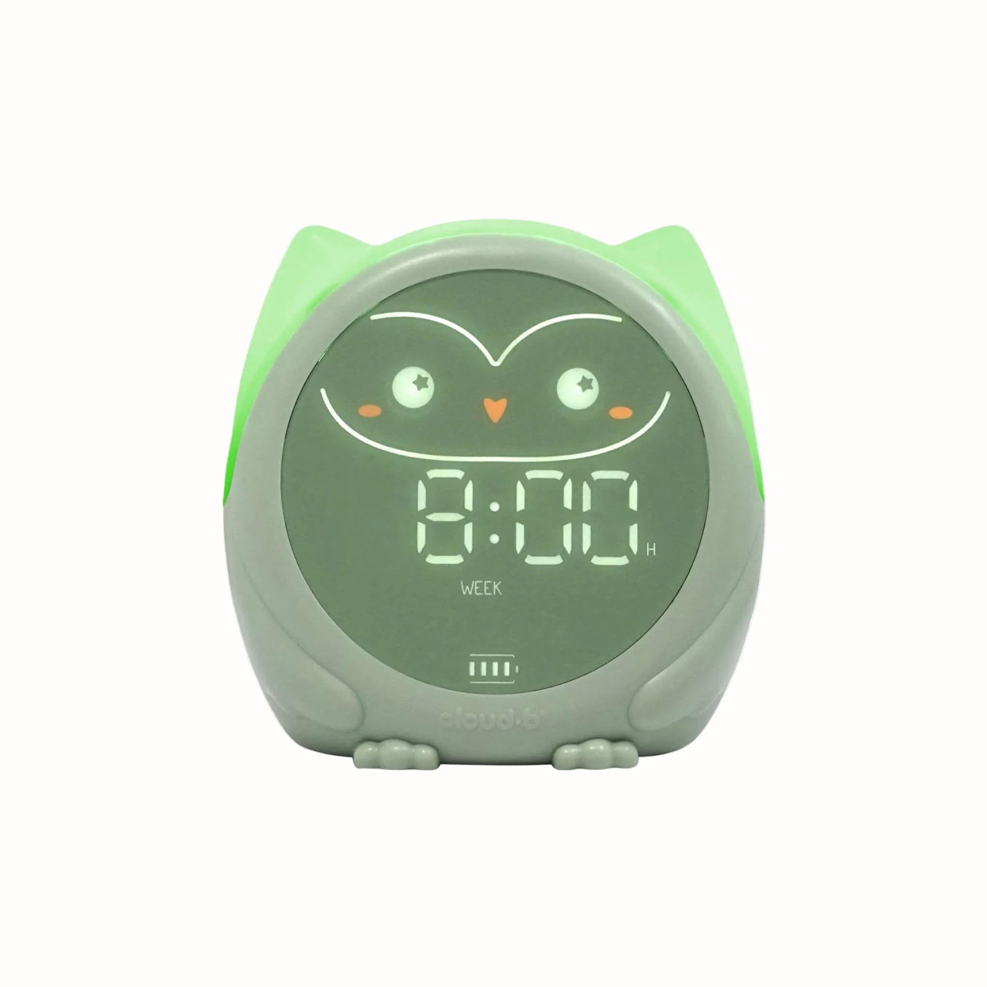 A green owl sleep trainer with its ears glowing green to show that it is time to get up.