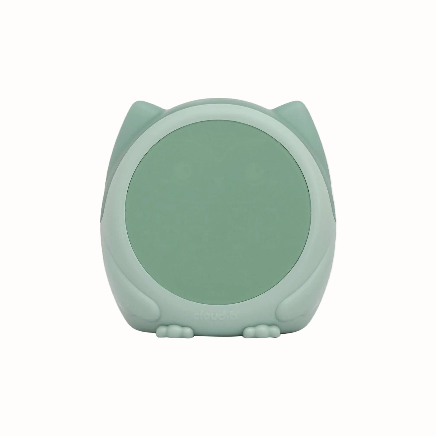 Rear view of a green owl-shaped sleep trainer clock showing its smooth rounded casing.