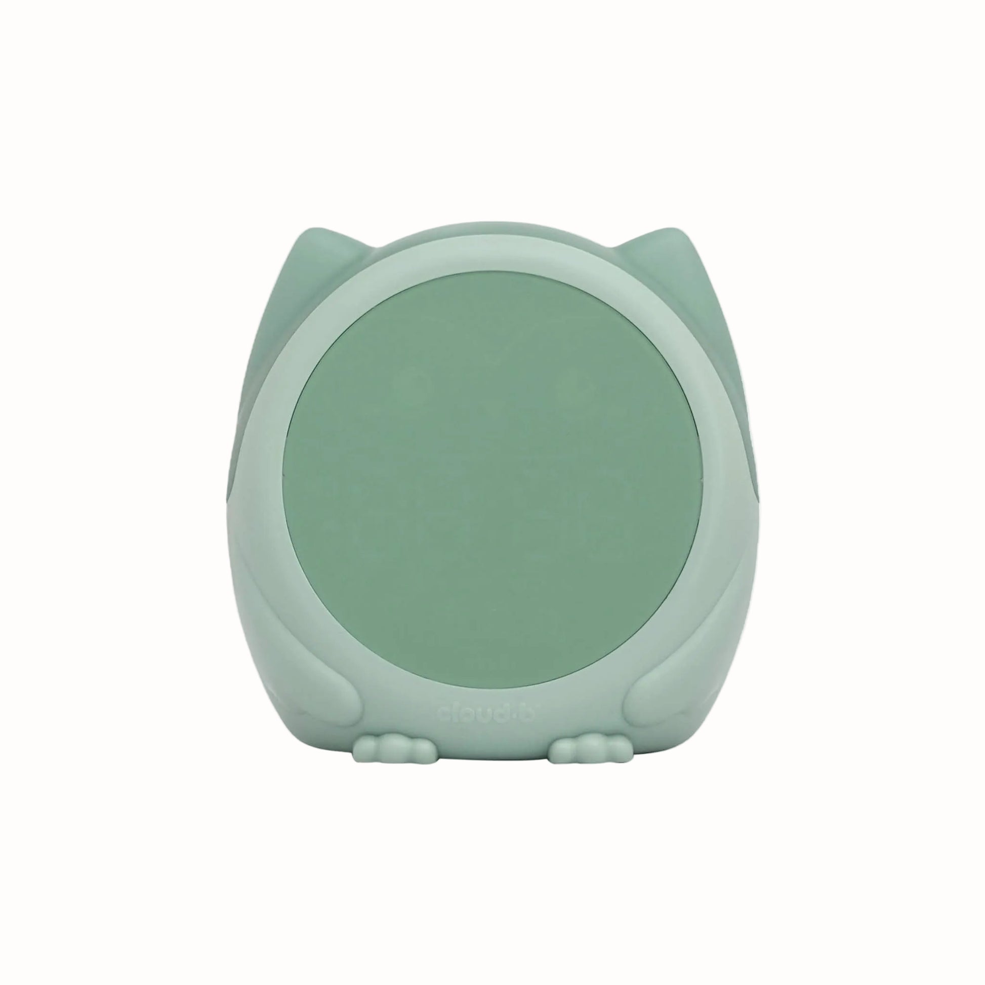 Rear view of a green owl-shaped sleep trainer clock showing its smooth rounded casing.