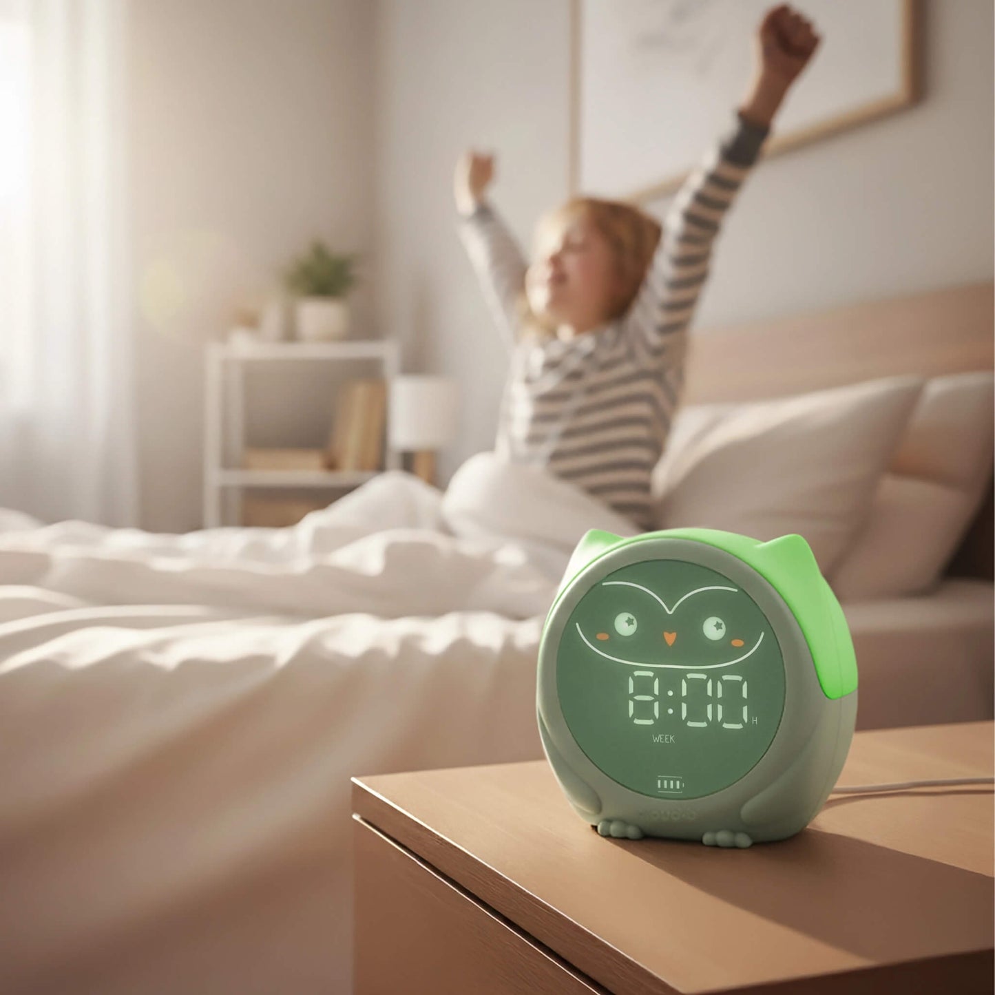 A green owl sleep trainer displaying the time on a bedside table in a bright bedroom with child waking up from bed in background.