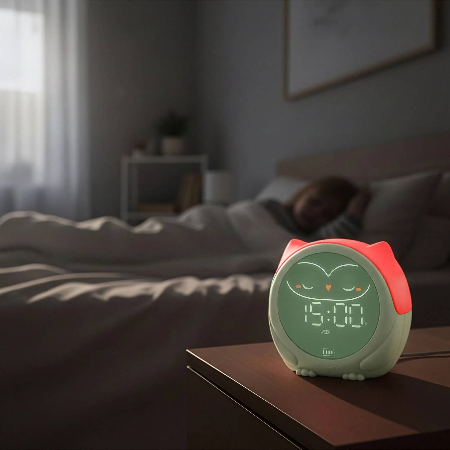 An owl-shaped digital alarm clock sits on a bedside table in a softly lit bedroom, with a blurred person sleeping in bed in the background. The clock has a mint green body, a coral-pink top, and a glowing green display showing 15:00.