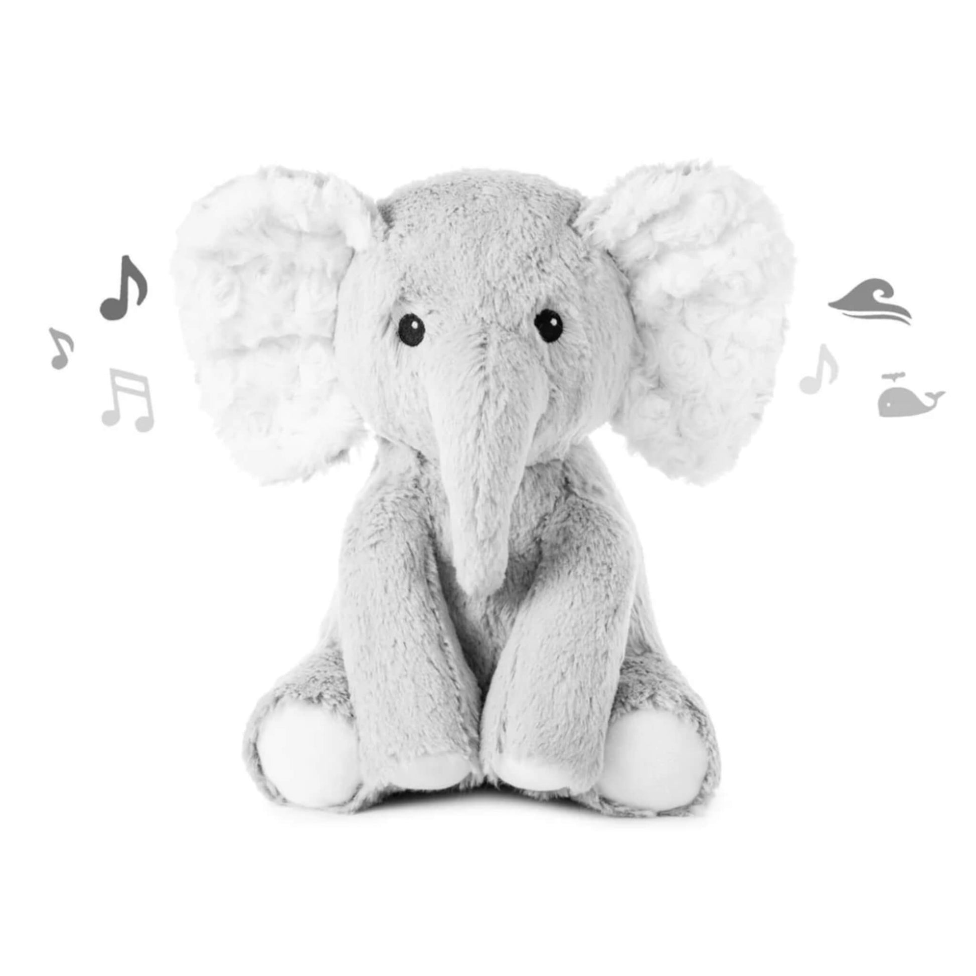 Cloud-b Sound Soother Elliott Elephant plush toy shown sitting upright, soft grey fur with textured ears, designed as a baby sleep aid with soothing sounds.