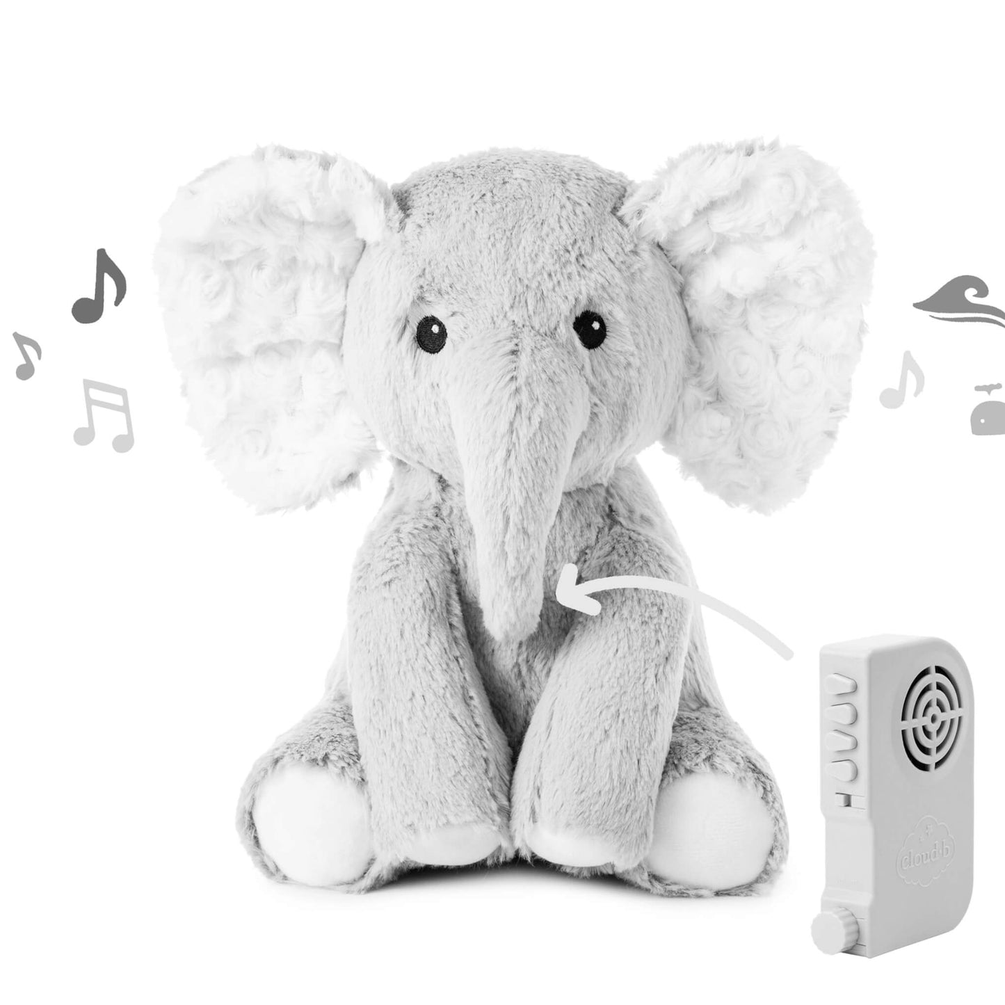 Grey plush elephant toy with soft textured ears, illustrated music notes and ocean icons around it, showing sound and lullaby features.