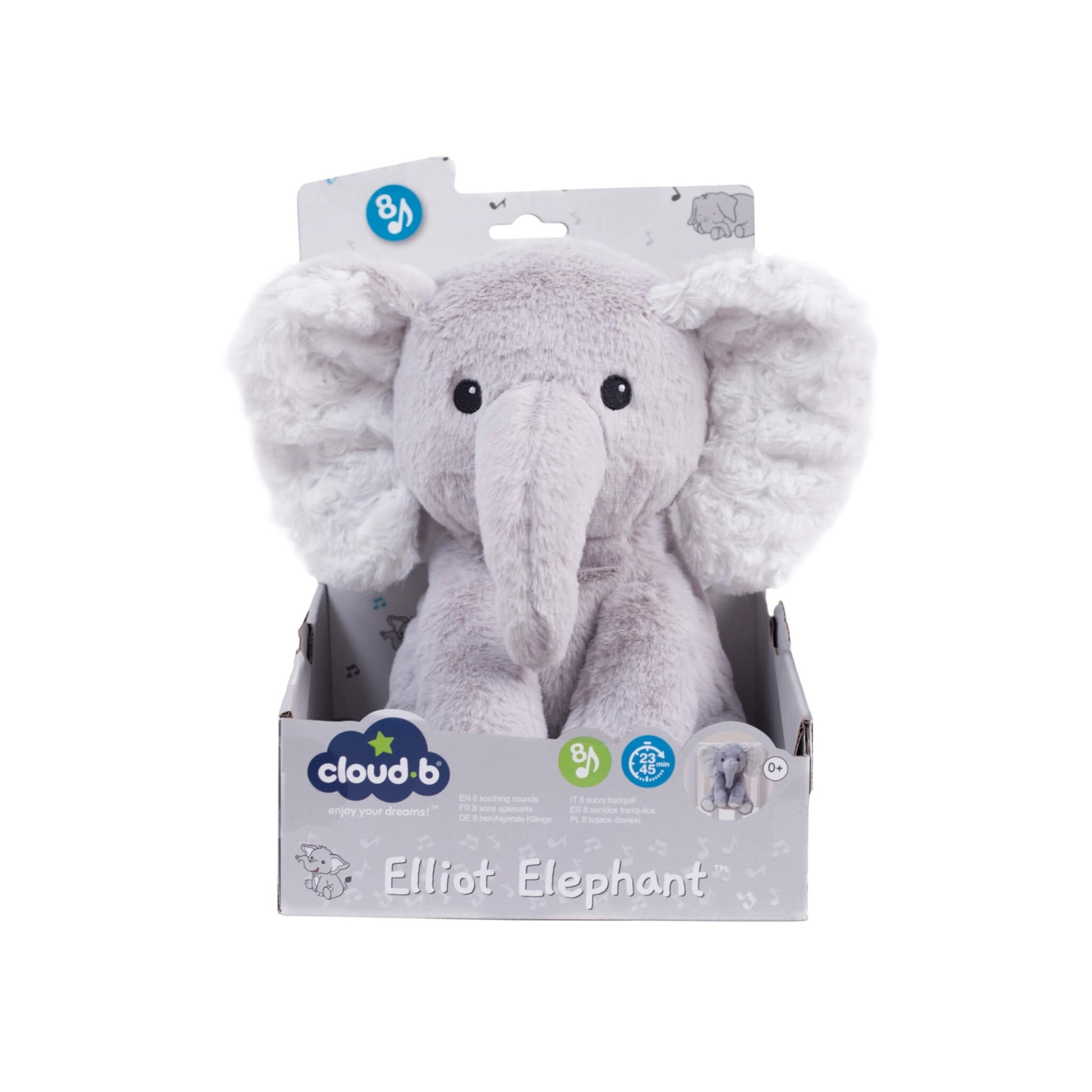 Grey elephant plush sound soother displayed in branded Cloud-b retail packaging, labelled Elliott Elephant with product information visible on the box.