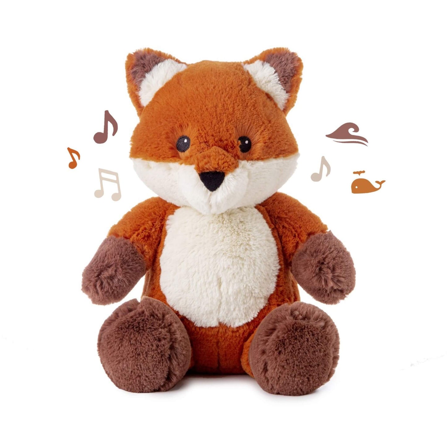 Cloud-b Sound Soother Frankie the Fox plush toy shown sitting upright, soft orange and brown fur with white belly, designed as a baby sleep aid with soothing sounds.