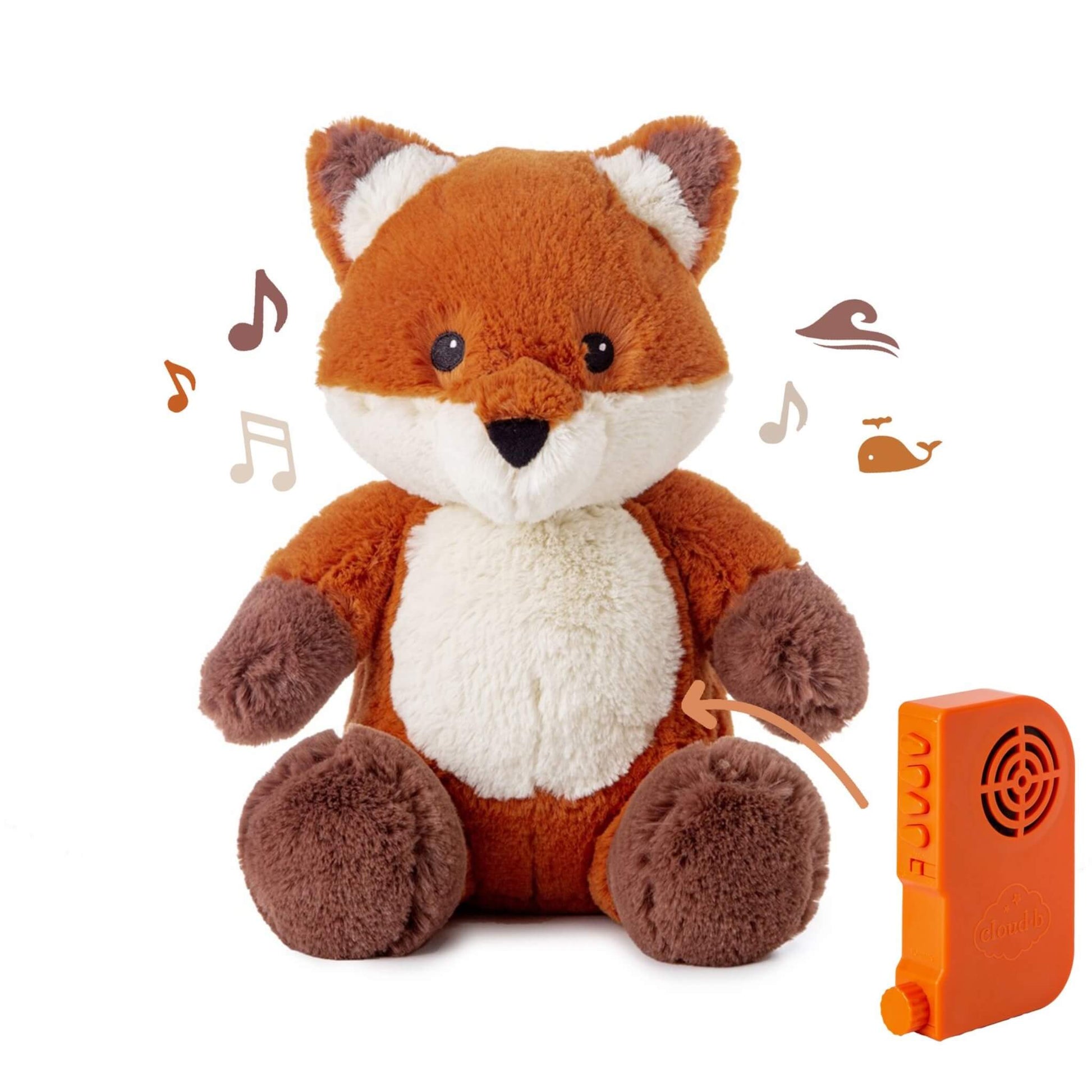 Plush fox toy with illustrated music notes and ocean icons around it, with a removable orange sound box placed beside the toy and an arrow pointing to its side compartment.