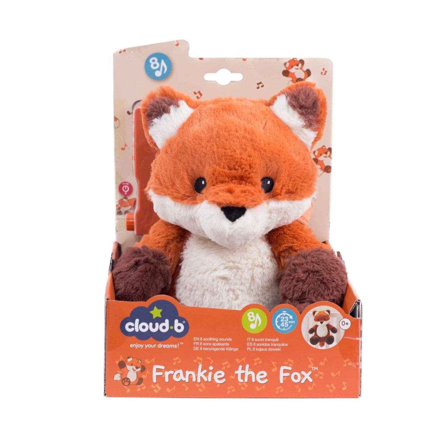 Plush fox sound soother displayed in branded retail packaging labelled Frankie the Fox, showing product information and illustrations on the box.