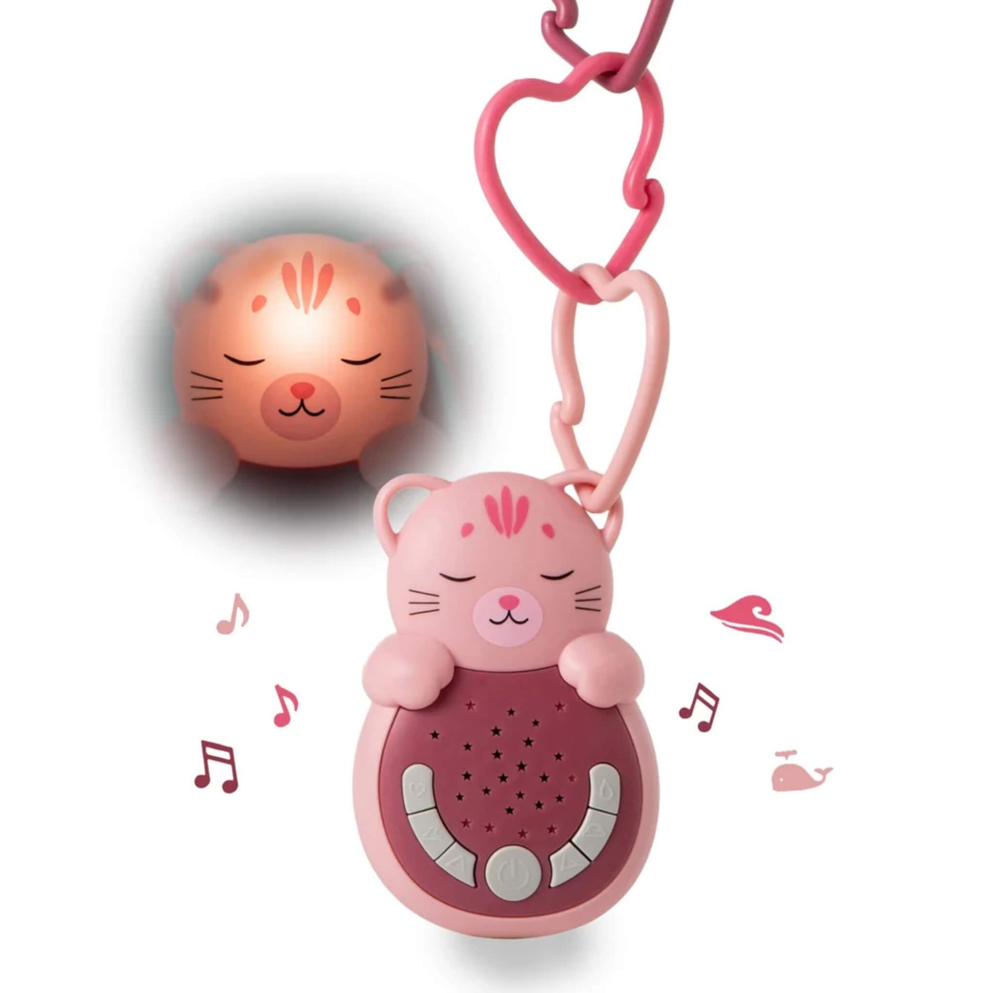 Cloud b Sweet Dreamz On the Go Cat soother in pink, featuring a soft cat design with sleepy face, glowing night-light, starry projector, and music note icons indicating lullabies and calming sounds.