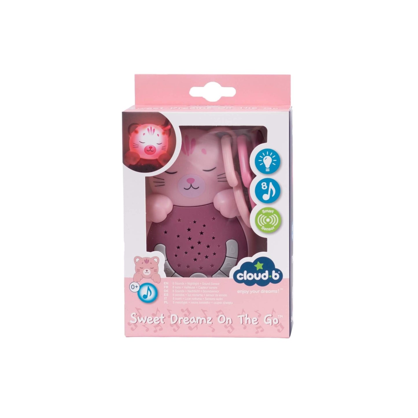 Retail box in pale pink with a clear window revealing a cat-shaped night-light soother, decorated with icons highlighting sound options and light features.