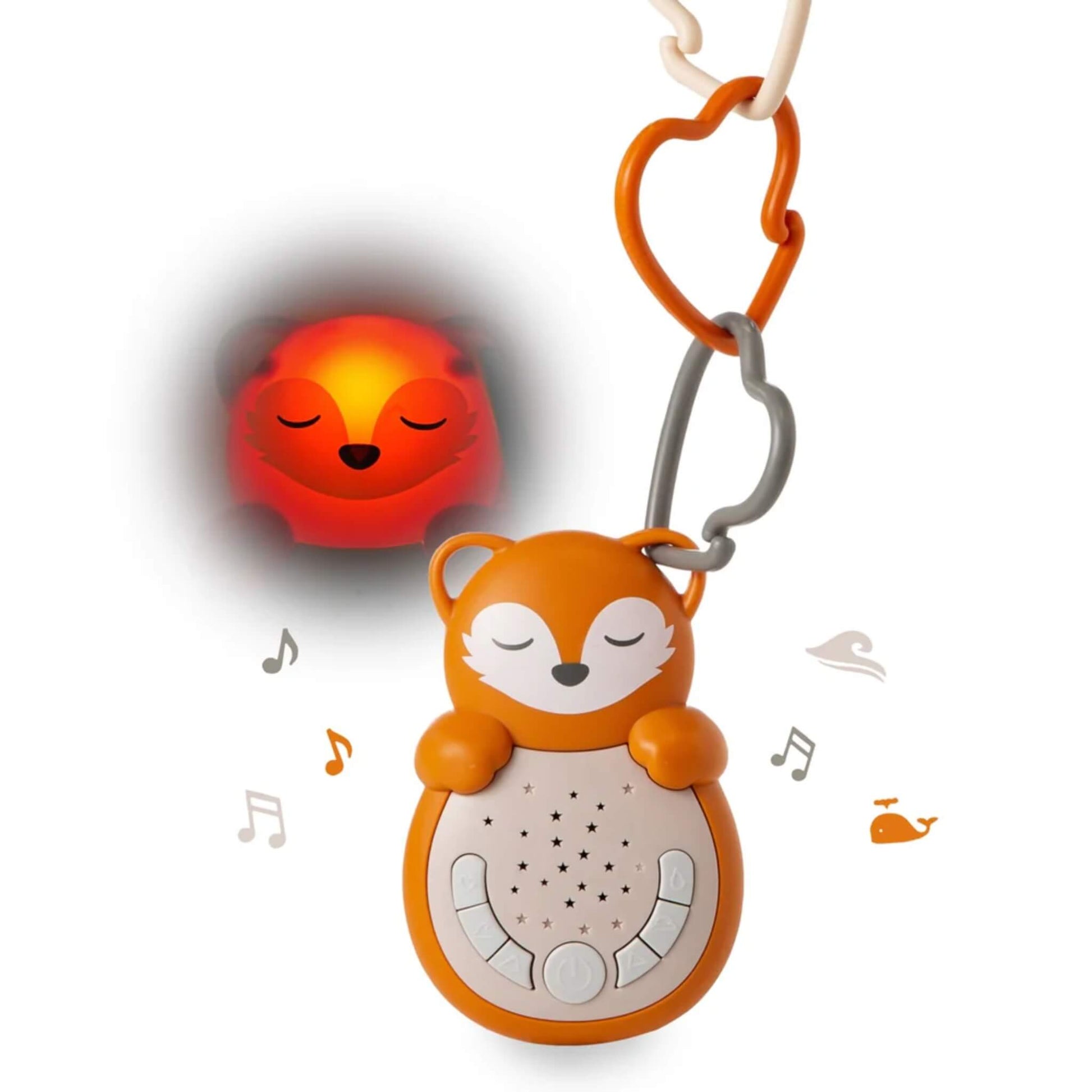 Cloud b Sweet Dreamz On the Go Fox portable baby sleep aid in orange, with a soft fox design, glowing red night-light, soothing sound icons and travel clip.