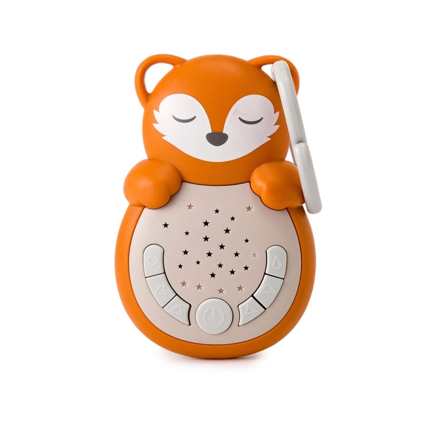 A small fox-shaped sleep aid in orange with closed eyes and rounded body, showing a pale belly with star cut-outs and curved control buttons beneath its paws.