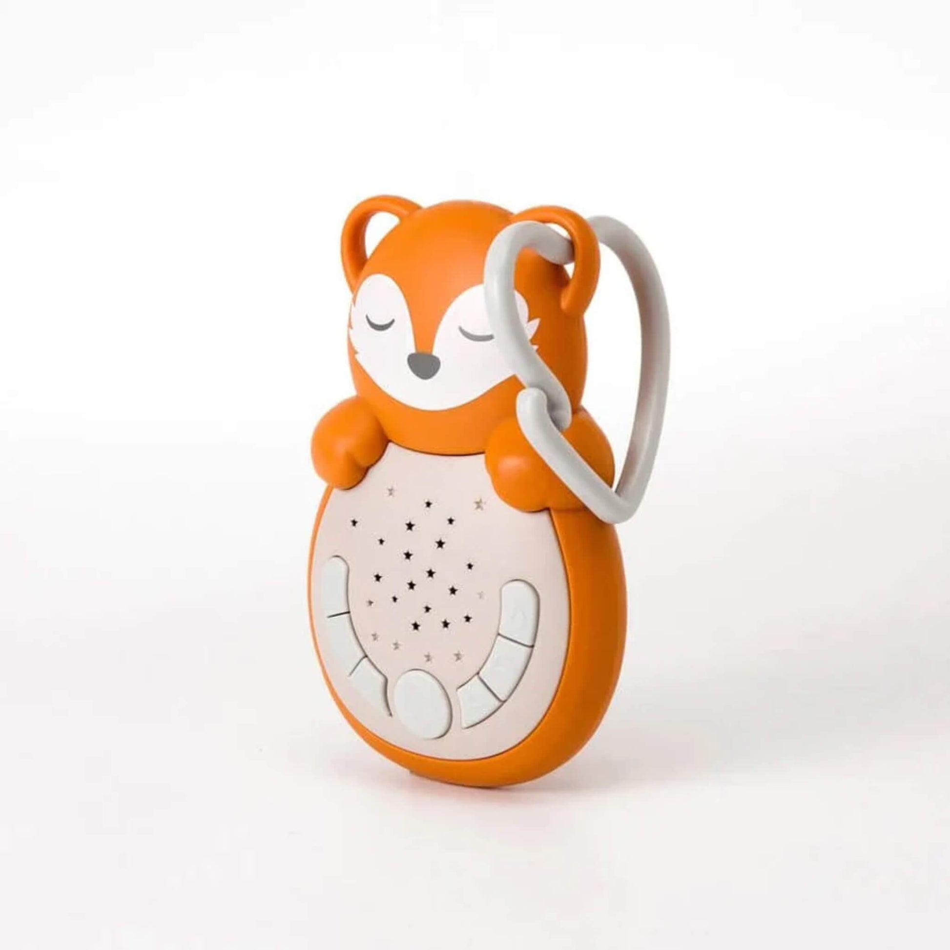 Side view of a fox-shaped baby sleep aid in bright orange, featuring a grey heart-shaped clip attached to its head for fastening to bags or pushchairs.