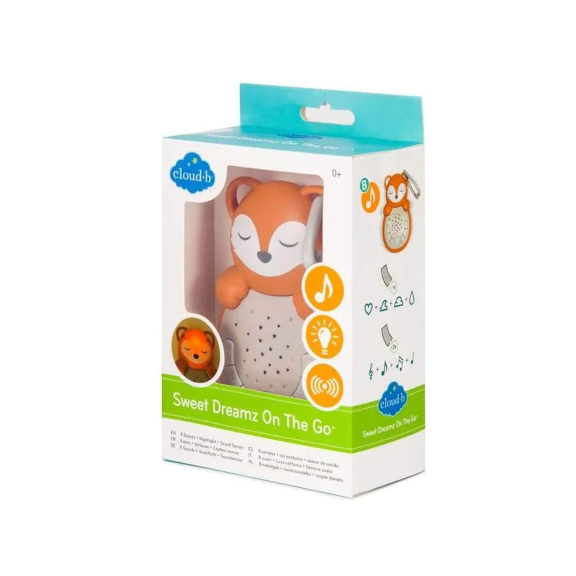 Angled view of the fox sleep aid packaged in a white and green retail box with orange icons for music, light, and sound sensing features.