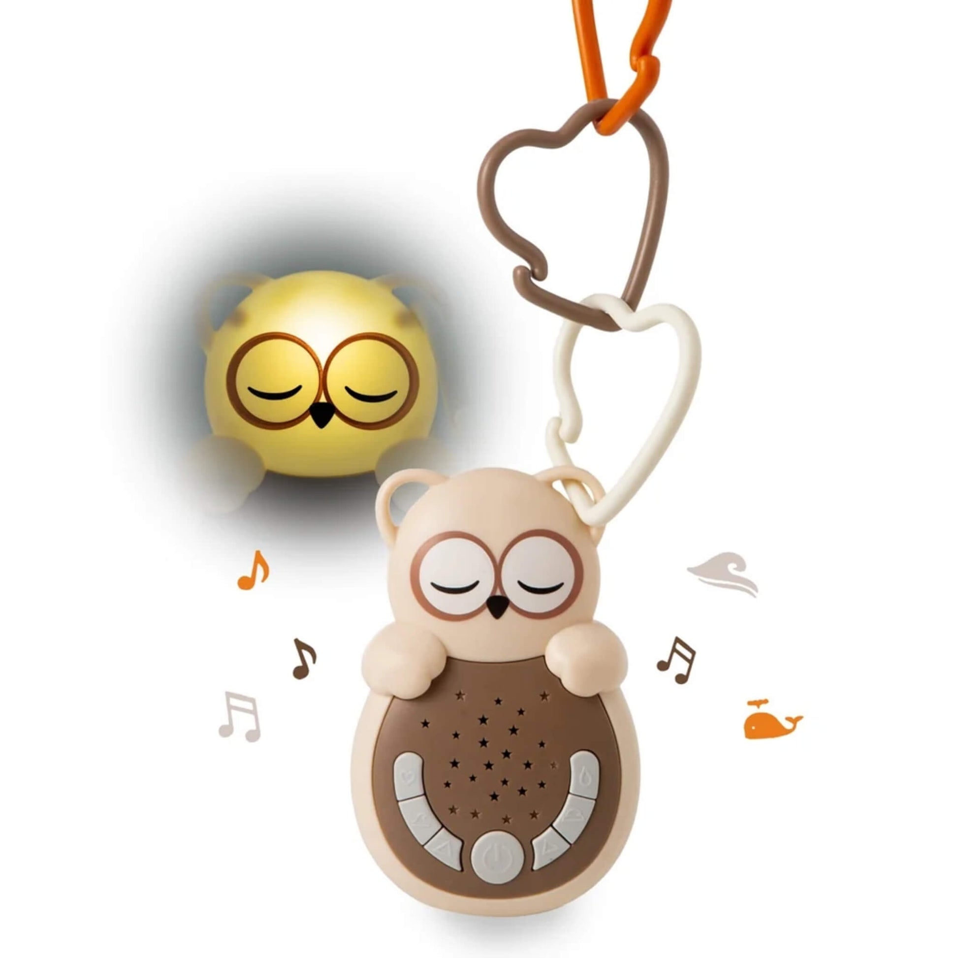 Cloud b Sweet Dreamz On the Go Owl portable baby sound machine with glowing night light and heart-shaped links.