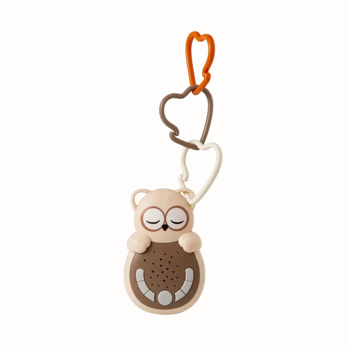 A portable owl baby sound machine with heart-shaped links for attaching to a pushchair, changing bag or cot rail.