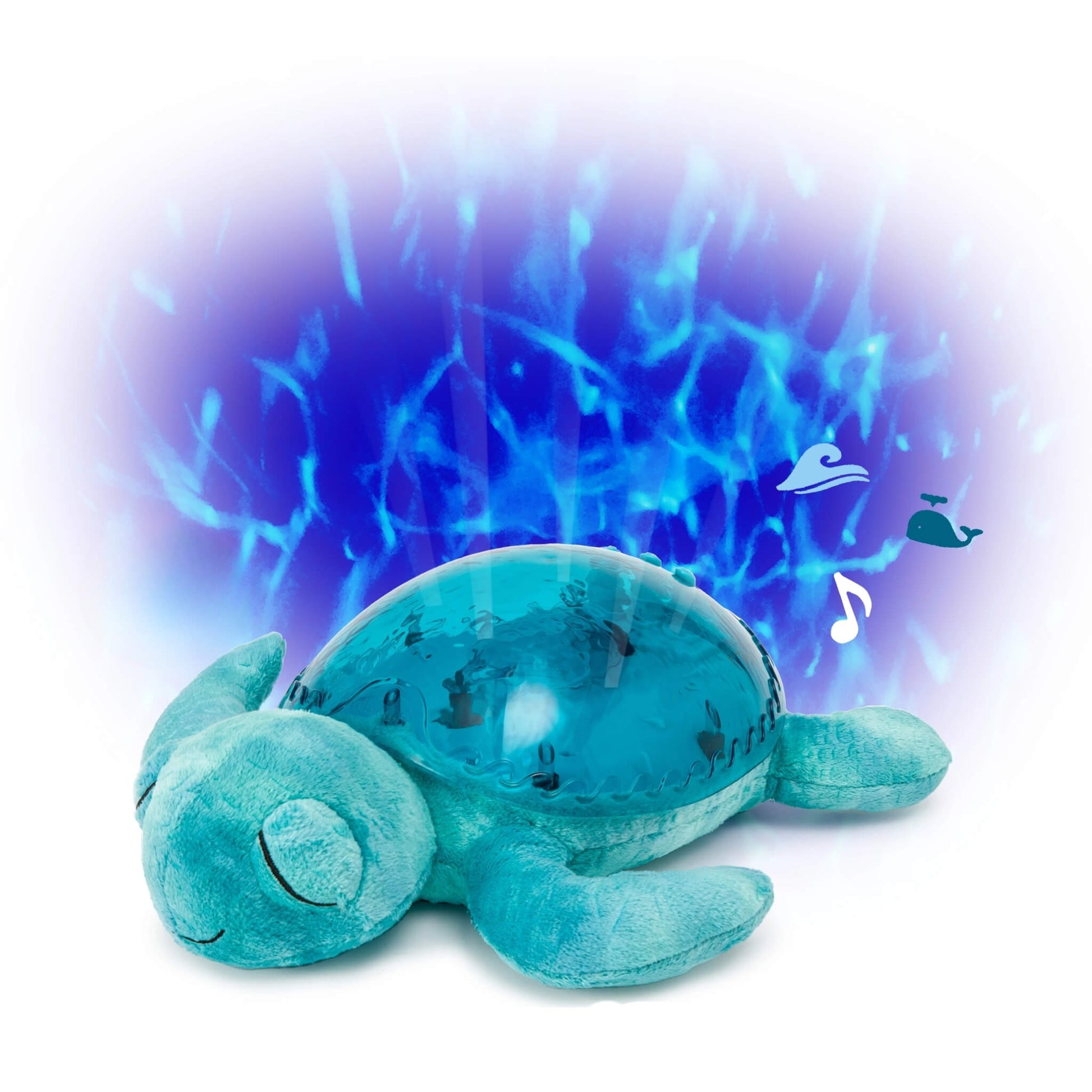 Cloud b Tranquil Turtle Rechargeable Aqua nightlight, a soft turquoise turtle with a translucent blue shell, shown projecting rippling blue ocean waves above it.