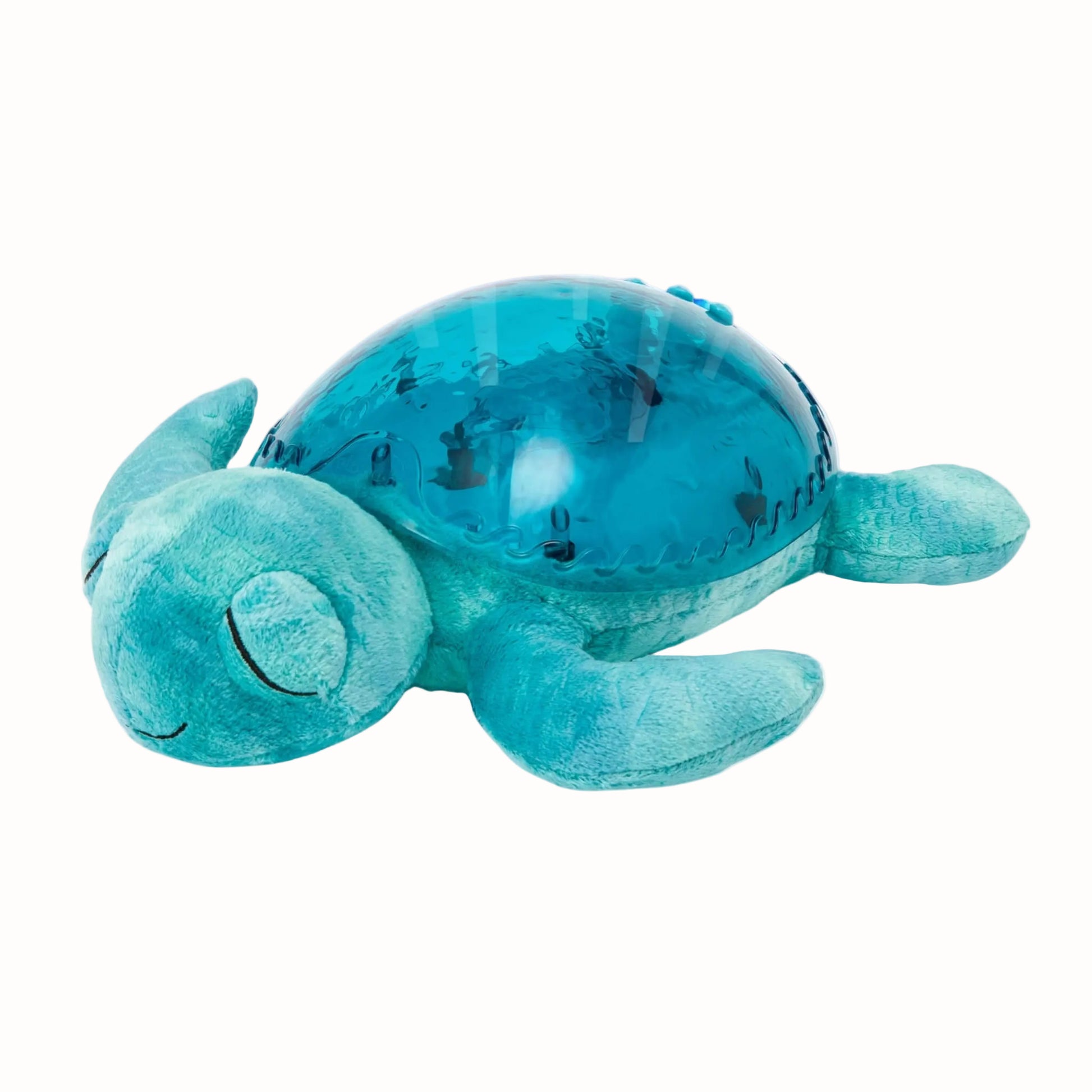 A soft turquoise turtle nightlight with a rounded translucent aqua shell, closed embroidered eyes, four plush flippers and a small smiling face.