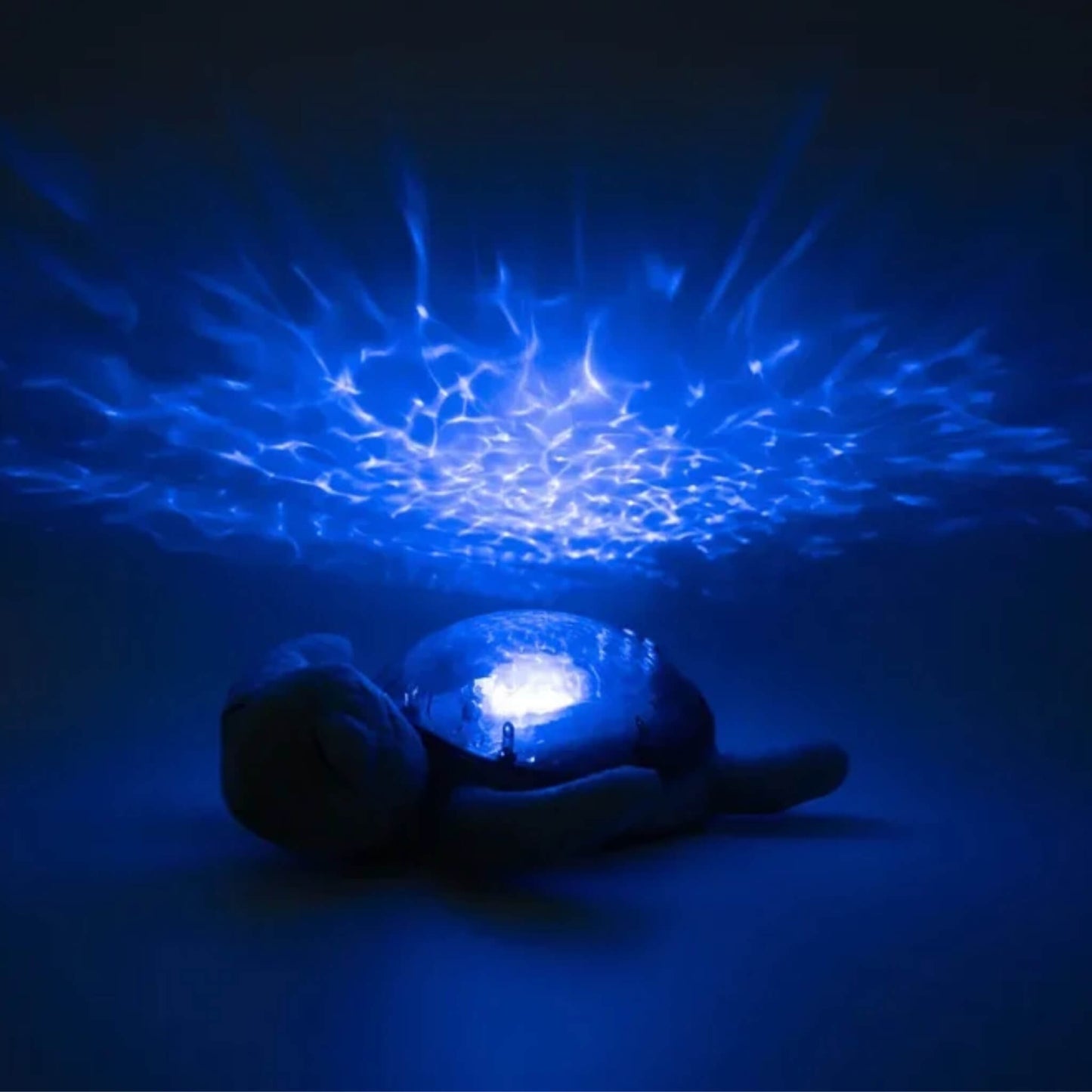 Tranquil Turtle glowing in a dark room and projecting a wide pattern of bright blue, rippling water across the wall and ceiling above it.