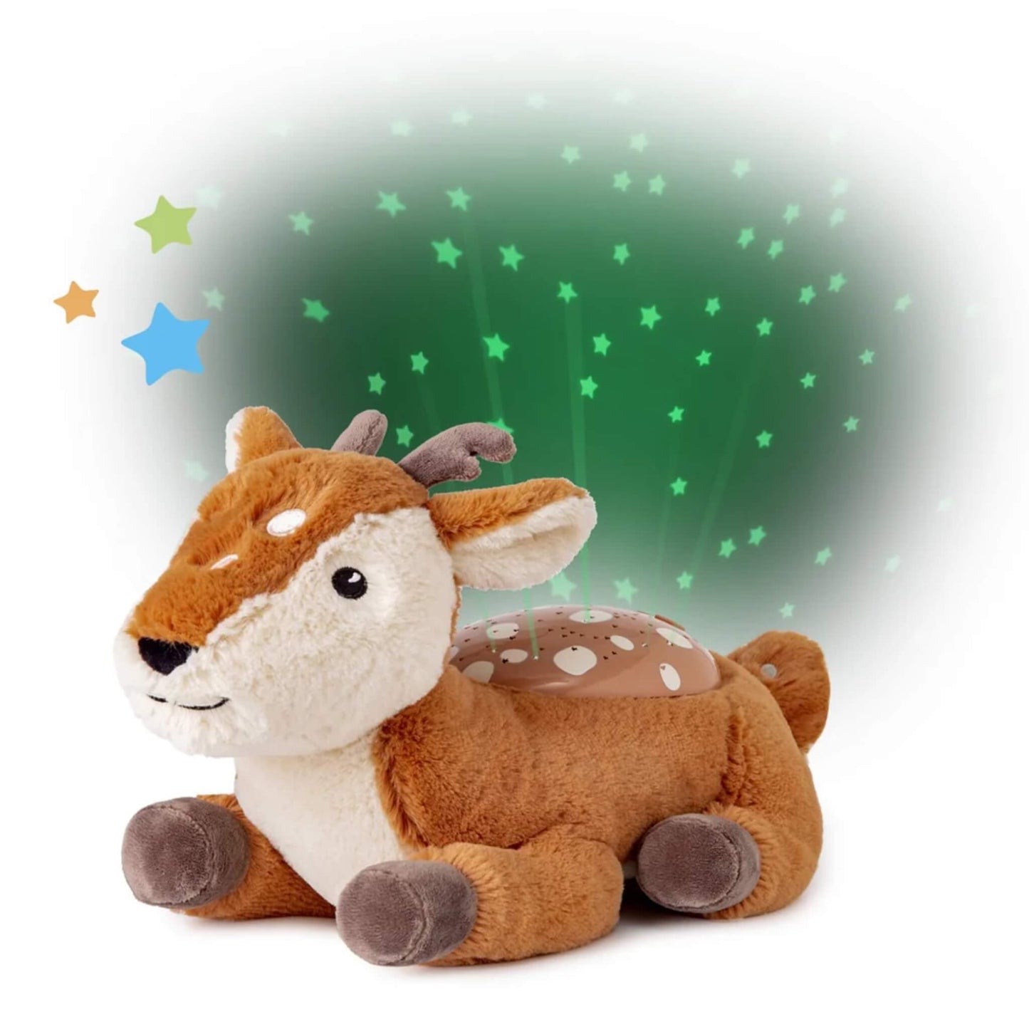 A plush cuddly fawn from the Cloud-b Twilight Buddies range works as a children’s night light and star projector, casting green stars with a moon and constellation shapes behind it.