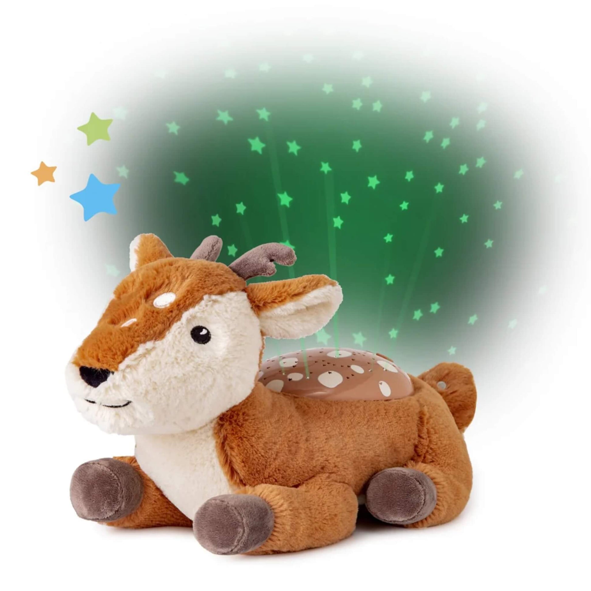 A plush cuddly fawn from the Cloud-b Twilight Buddies range works as a children’s night light and star projector, casting green stars with a moon and constellation shapes behind it.