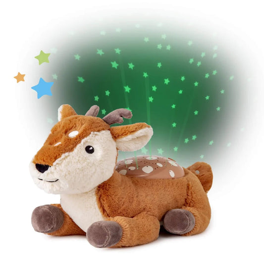 A plush cuddly fawn from the Cloud-b Twilight Buddies range works as a children’s night light and star projector, casting green stars with a moon and constellation shapes behind it.