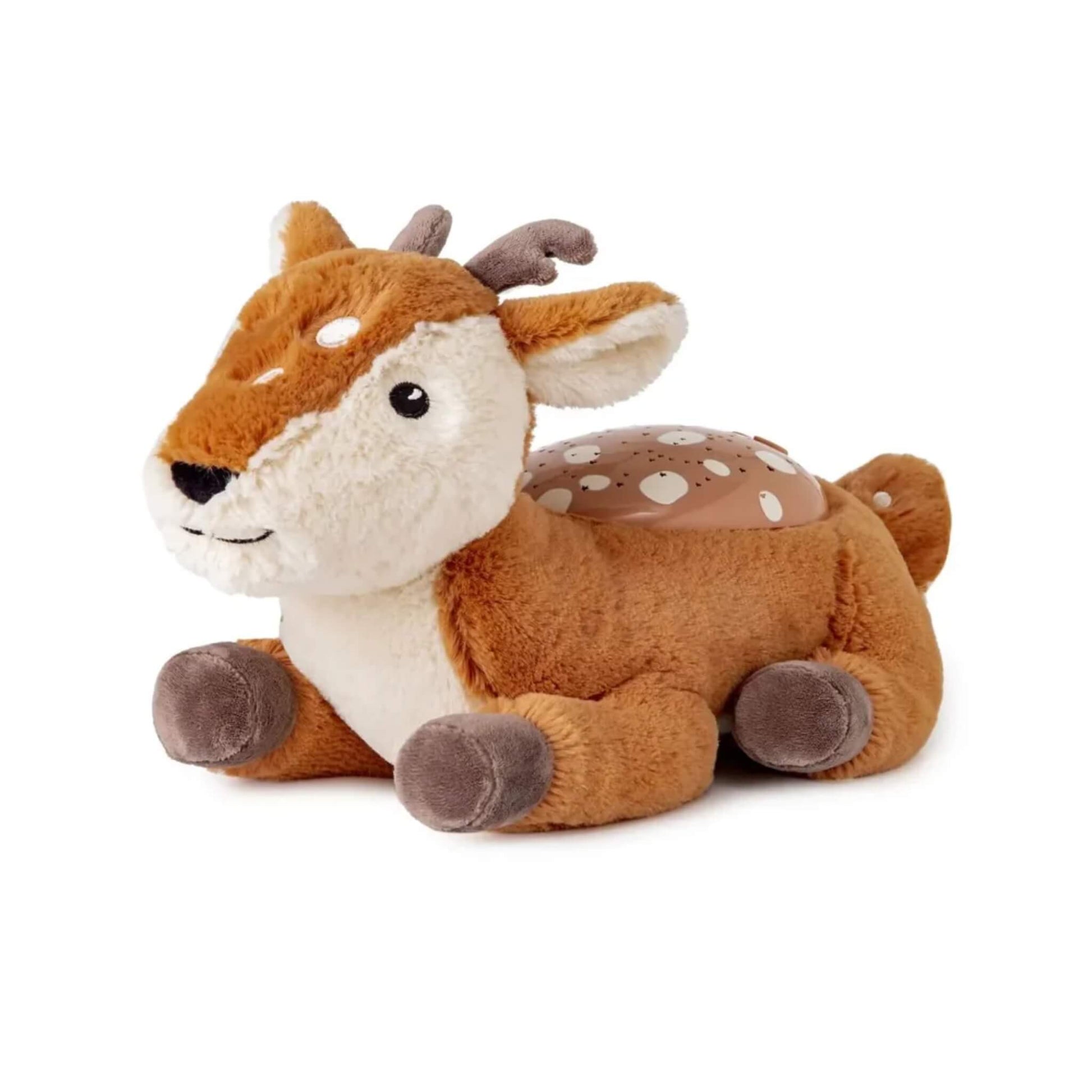 A plush fawn cuddly toy night light with star projector shown in a resting pose, with a perforated dome on its back that projects stars for a nursery bedtime glow.