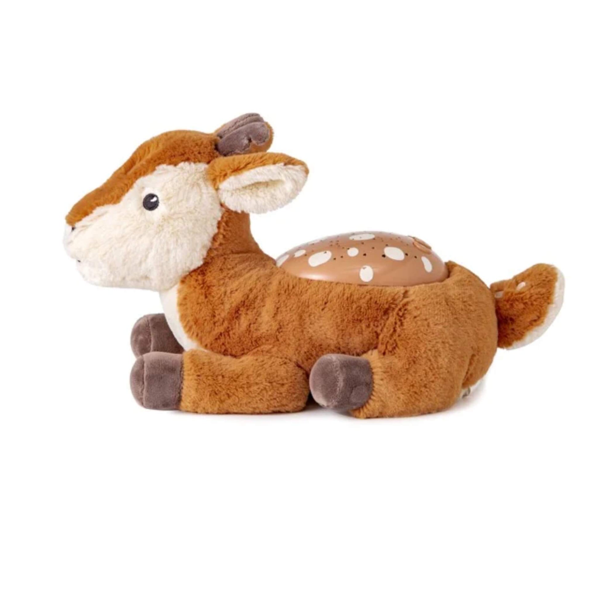 A side view of a fawn-shaped star projector, soft fabric body and a spotted hard shell on its back for projecting a starry sky onto walls and ceiling.