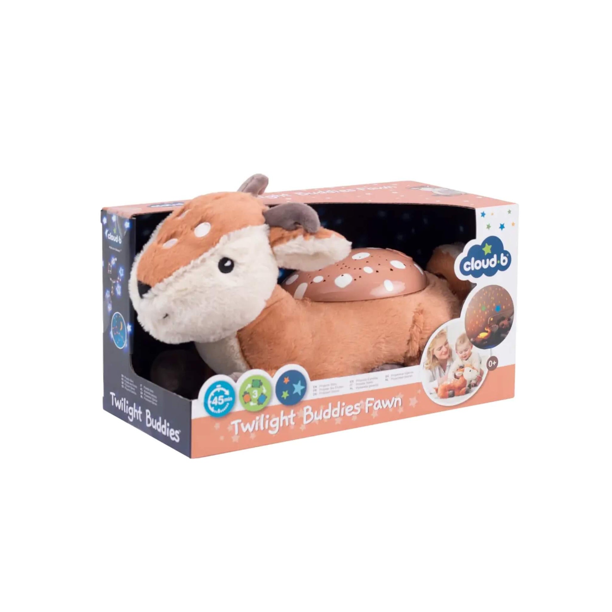 A retail box displaying a fawn plush night light and star projector, windowed packaging with icons for three colour options and a 45-minute auto-off timer.
