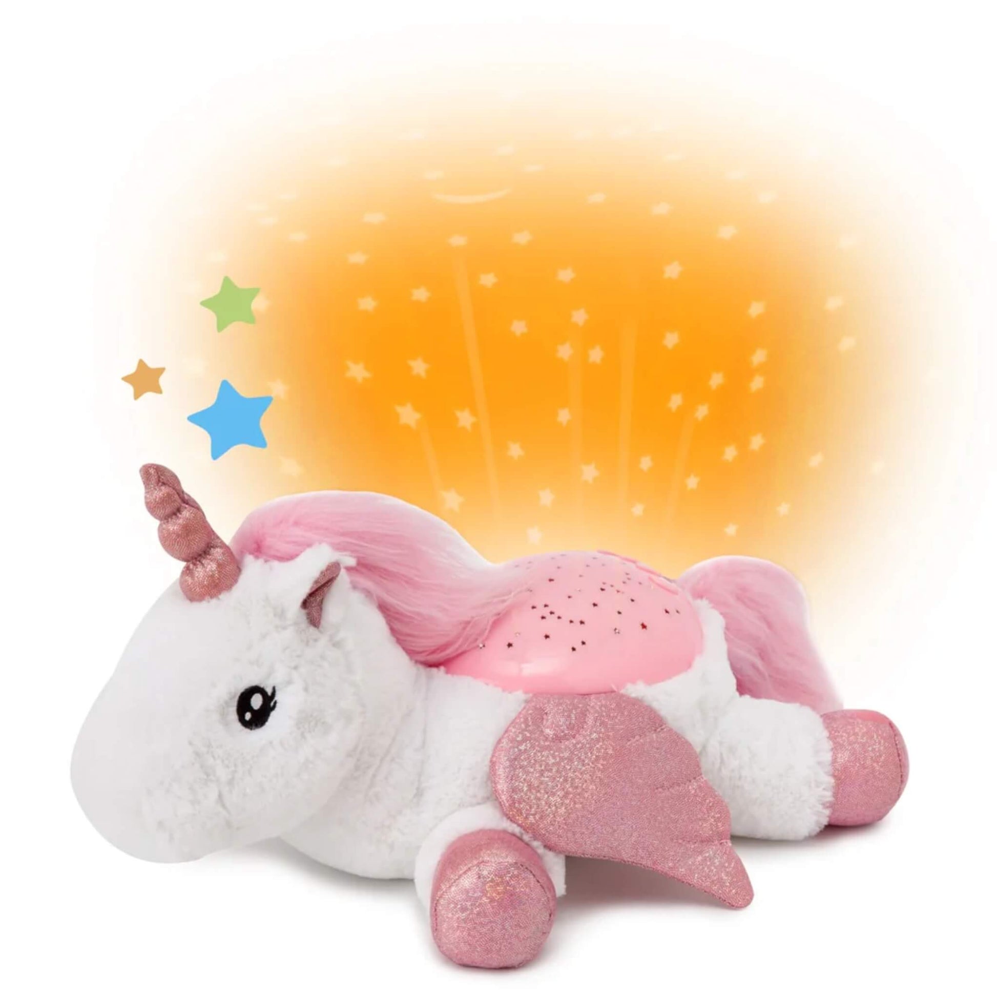 A plush night light and star projector, Cloud-b Twilight Buddies Unicorn, projects amber stars with a moon and constellation shapes behind it.