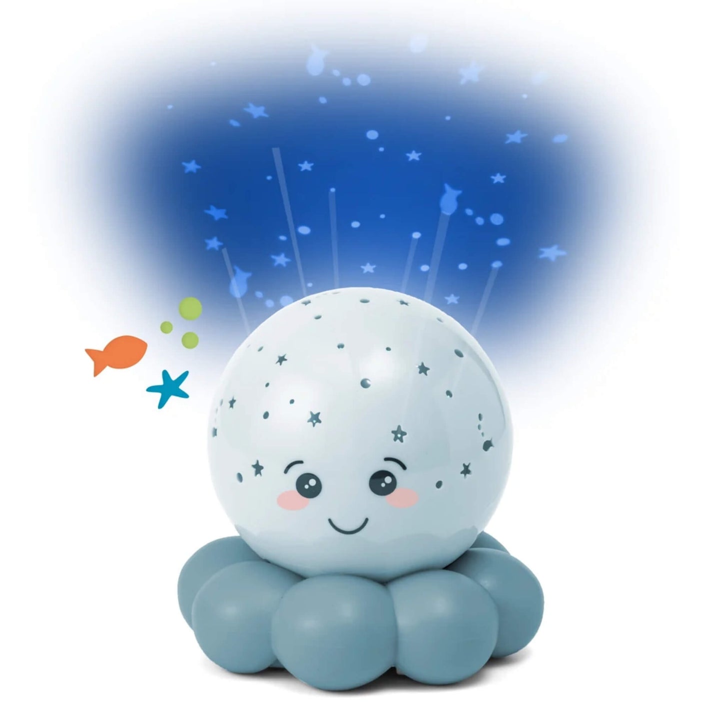 Cloud b Twinkles To Go Octo Pastel Blue night light projecting fish and stars in a soft blue glow.