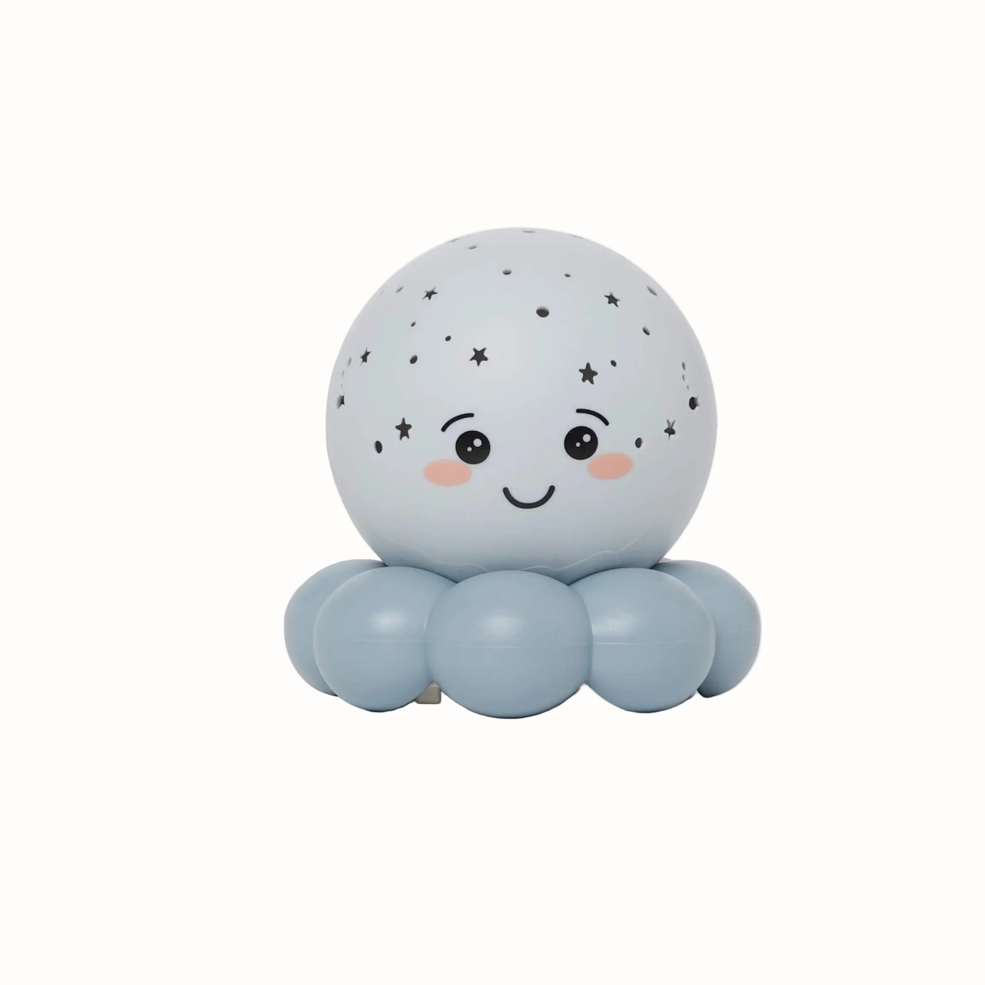 A pastel blue octopus night light with a smiling face and star and fish projection holes.