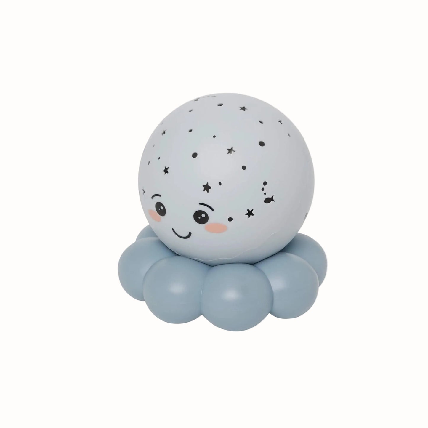 A pastel blue octopus night light shown at an angle with star and fish cut-outs across its dome.