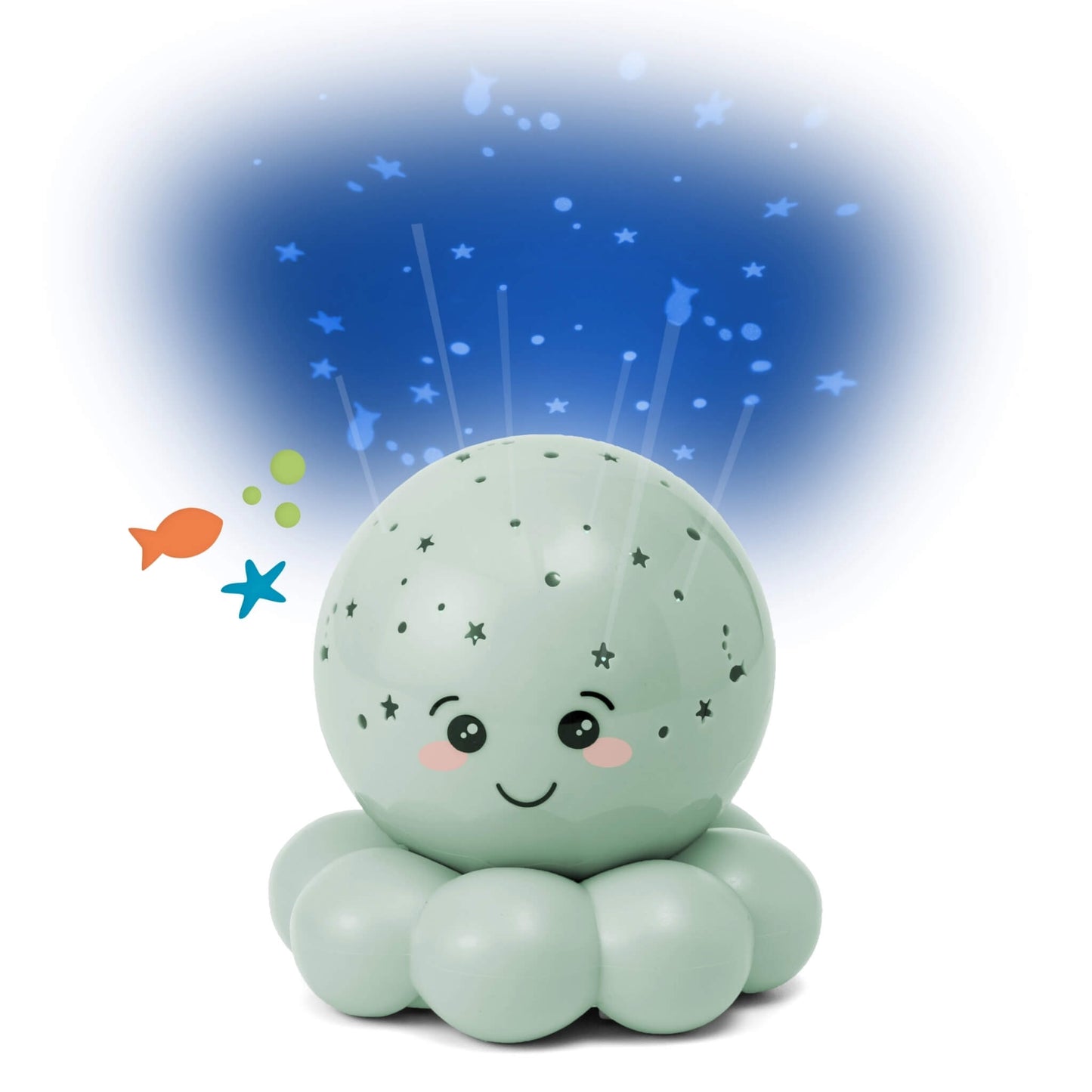A cute octopus-shaped baby night light with a smiling face, projecting a blue starry sky with fish and stars onto a white background.