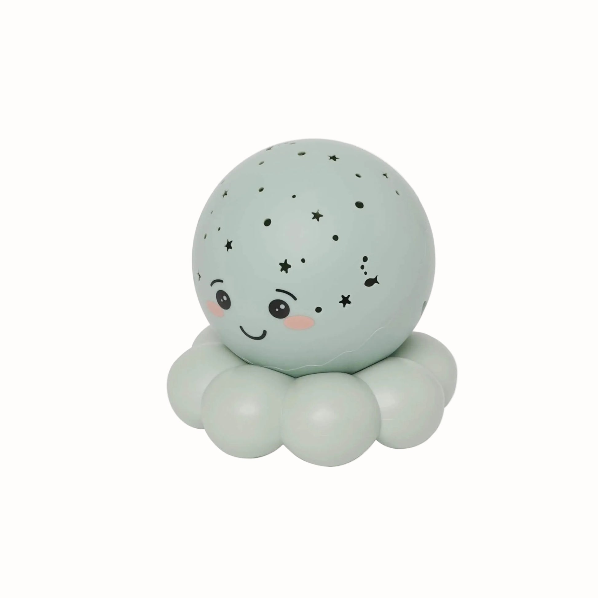 A cute octopus-shaped night light with a pale mint green body, black star patterns on its head, and a smiling face, set against a plain background.