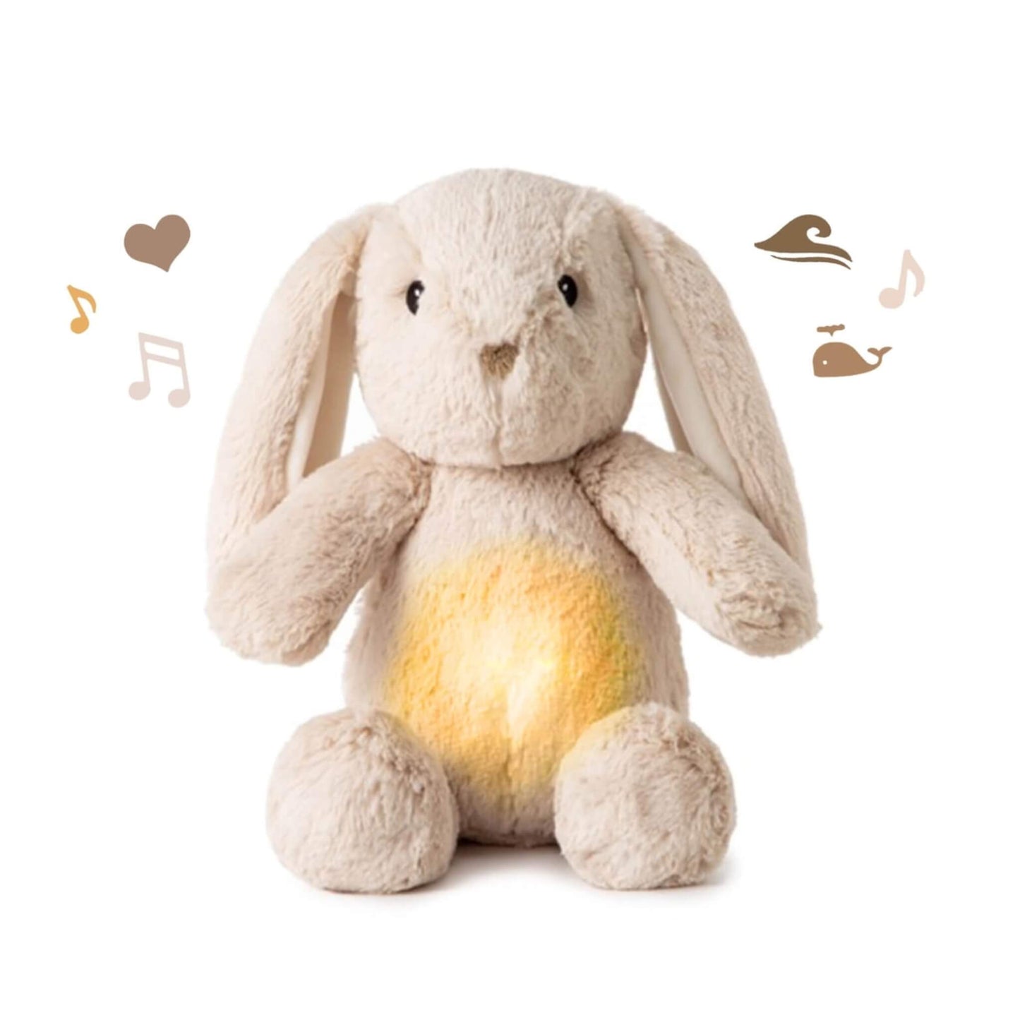 Cloud b LoveLight Buddies Billy Bunny plush toy with a glowing light-up tummy, designed to soothe babies with calming sounds and gentle glow.