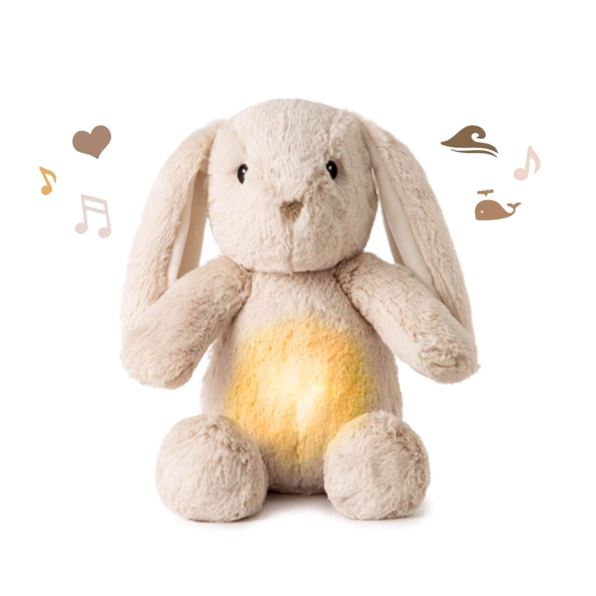 Cloud b LoveLight Buddies Billy Bunny plush toy with a glowing light-up tummy, designed to soothe babies with calming sounds and gentle glow.