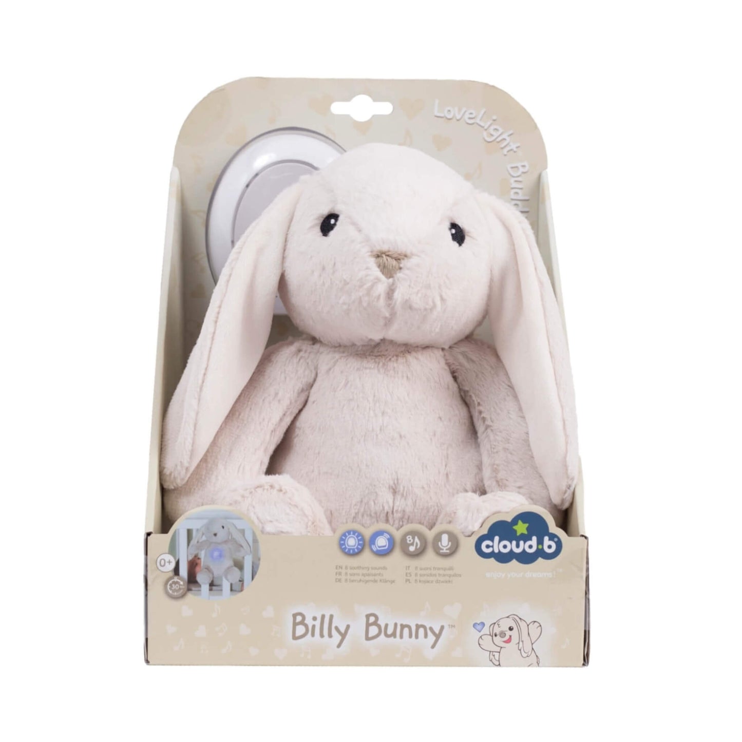Bunny plush toy displayed in beige retail packaging labelled “Billy Bunny” with Cloud b branding.