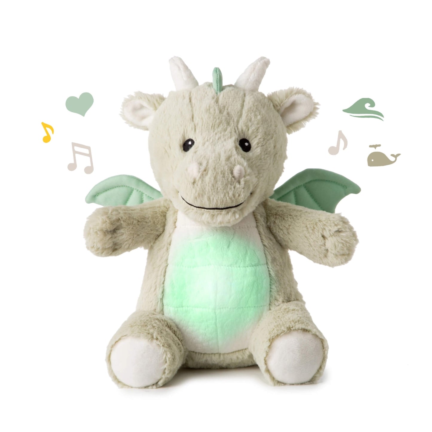 Cloud b Lovelight Buddies Drake the Dragon plush toy with a glowing green tummy light, soft fabric wings, and friendly embroidered details.