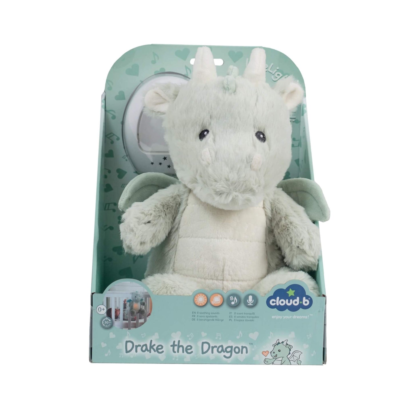 The plush dragon toy is displayed inside its retail packaging with the name "Drake the Dragon" printed on the box.