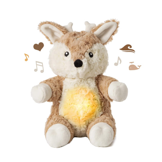 Cloud b LoveLight Buddies Finley Fawn plush toy with glowing light-up tummy, designed to comfort babies with soothing sounds and gentle pulsing glow.