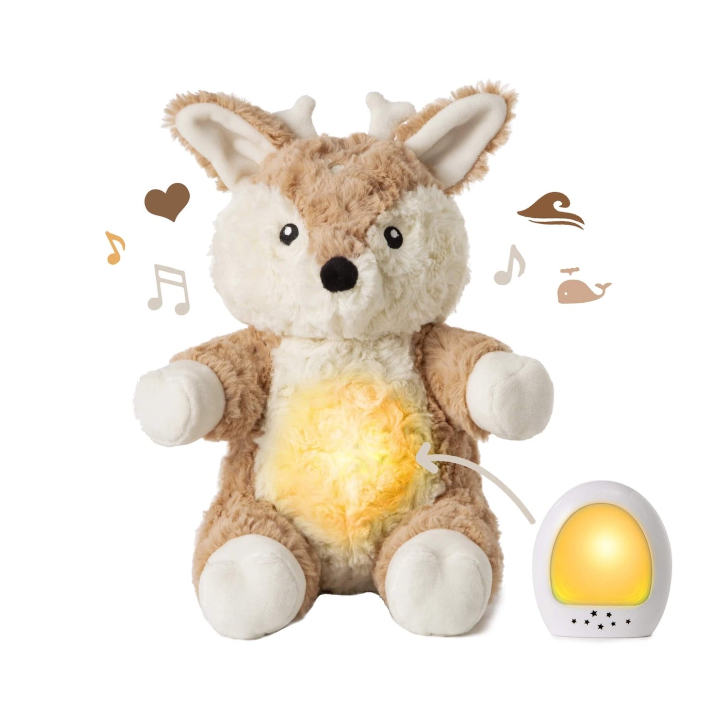 Plush fawn toy with a glowing tummy shown beside its removable white night-light unit, with icons of hearts, notes and waves around it.