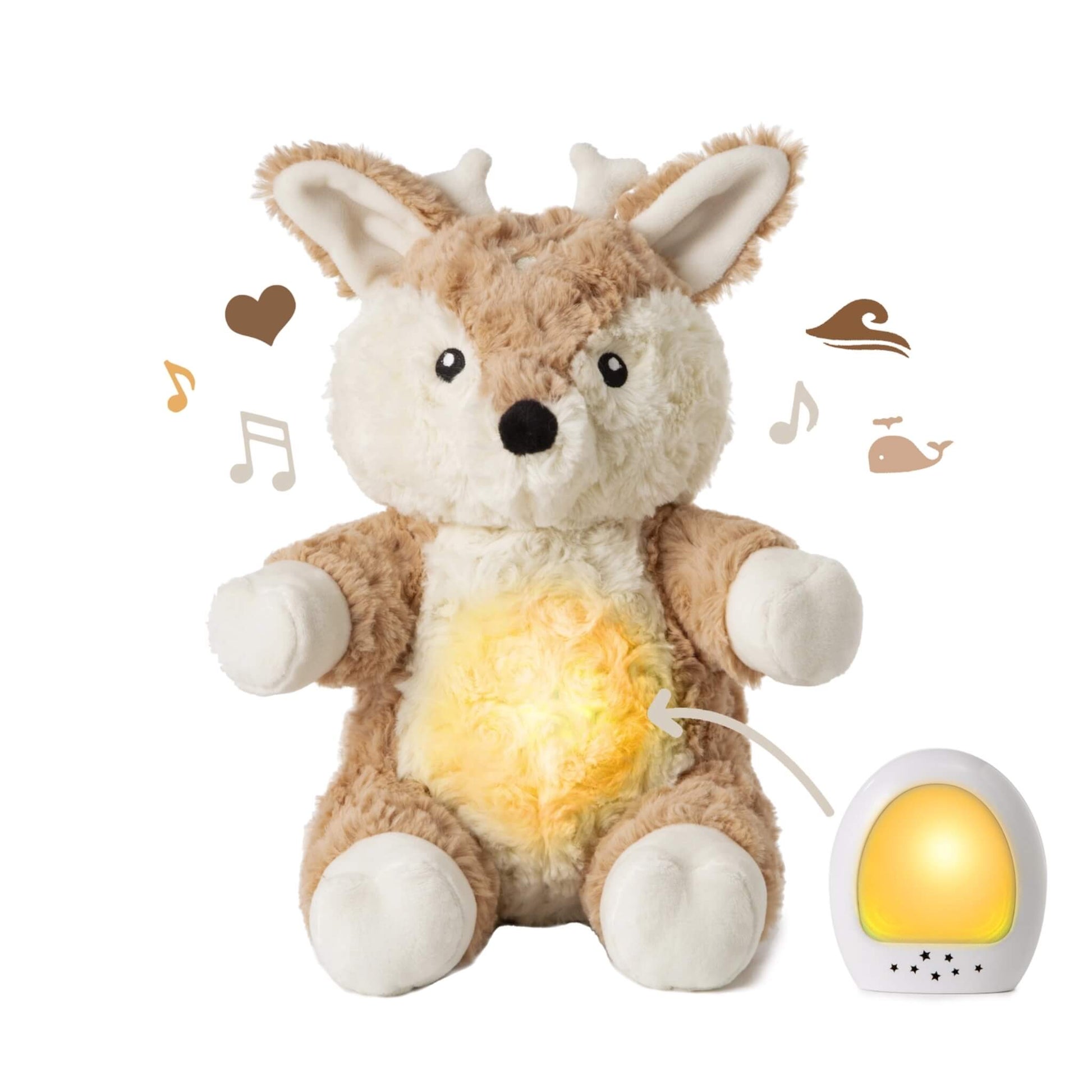 Plush fawn toy with a glowing tummy shown beside its removable white night-light unit, with icons of hearts, notes and waves around it.