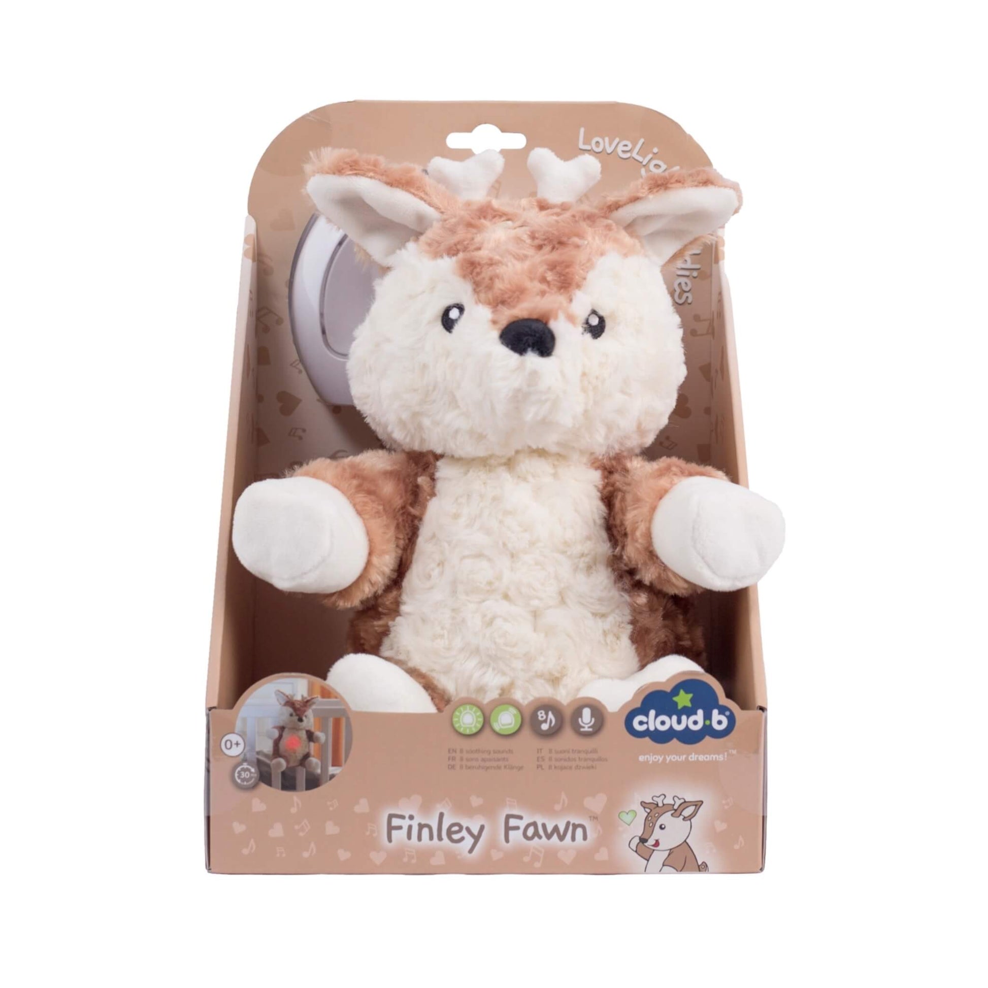Plush fawn toy in retail packaging labelled “Finley Fawn” with Cloud b branding and beige background.
