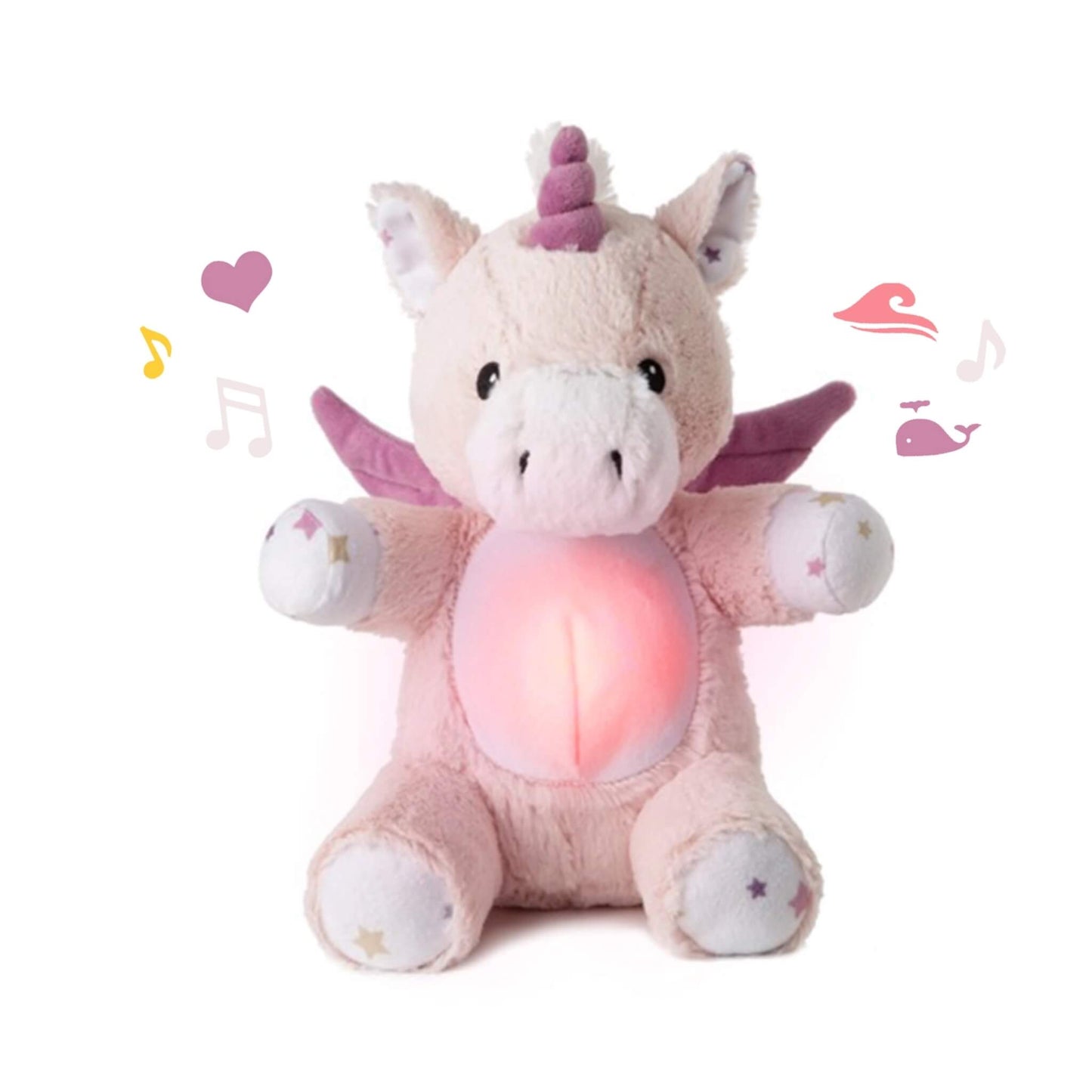 Cloud b LoveLight Buddies Lily the Unicorn plush toy with glowing light-up tummy, designed to soothe babies with gentle sounds and calming glow.